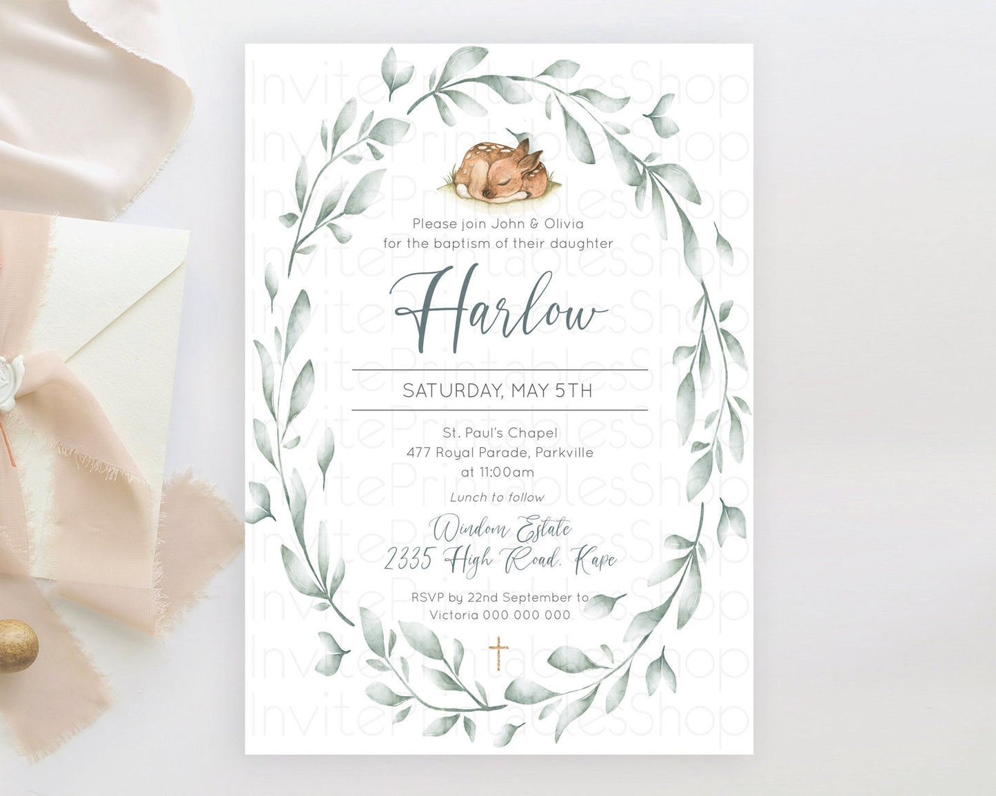 Fawn Baptism Invitation Deer Baptism 1st Birthday Invitation Enchanted Forest Christening Invitation Pastel Garden Butterfly Floral D10935