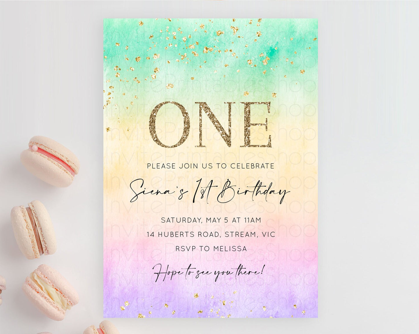 Rainbow Birthday Invitation Colorful Pastel Watercolor Invitation Gold Glitter Sprinkles Ombre Pastel 1st 2nd 3rd Birthday D10481