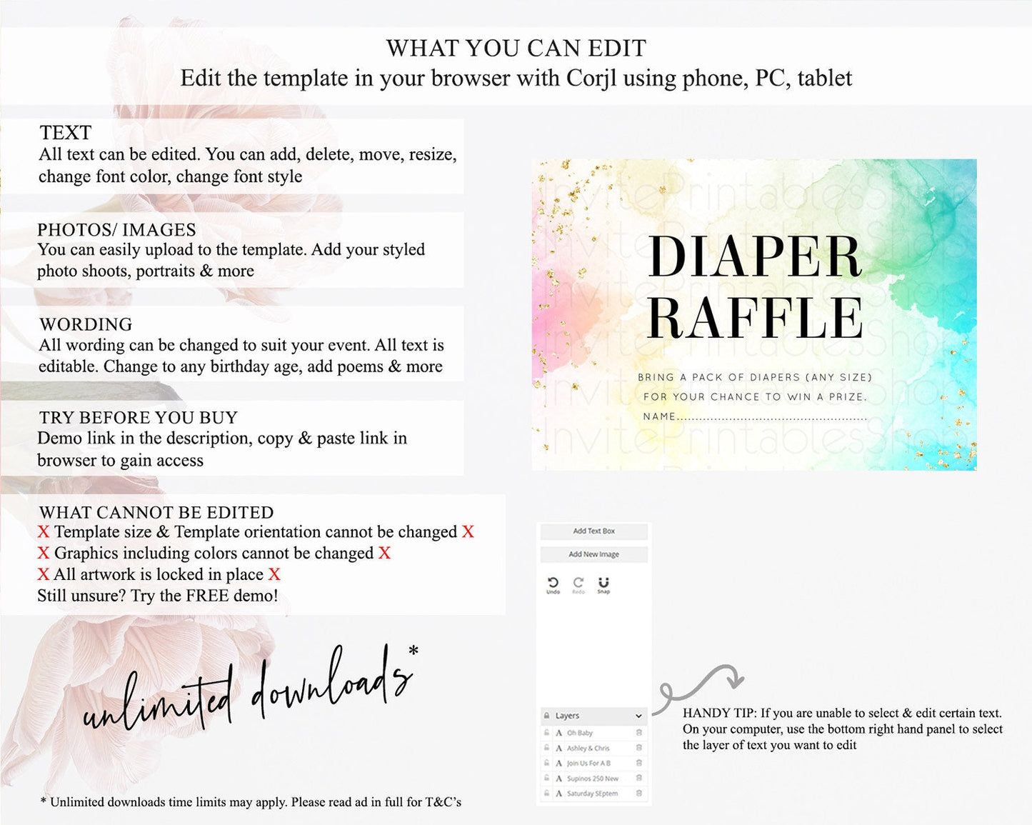 Pastel Diaper Raffle Card Pastel Rainbow Diaper Raffle Insert Colorful Ombre Watercolor Diaper Ticket Confetti Glitter Raffle Game D10770