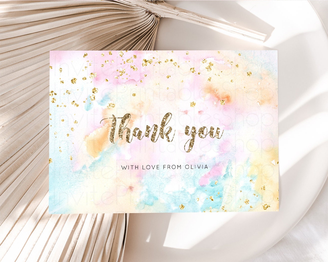 Pastel Rainbow Thank you Colorful Watercolor Folded Gift Cards Custom Note Message Glitter Birthday Engaged Baby Shower Wedding Guests G566