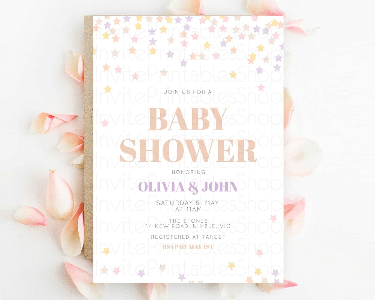 Twinkle Star Baby Shower Invitation, Star Invitation, Soft Pastel Orange and Purple Confetti Stars Twinkle Theme for Gender Reveal D10810