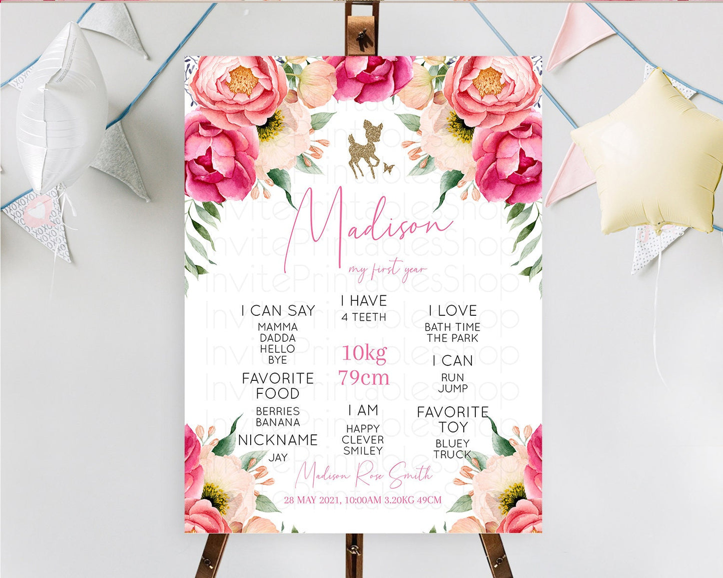 Fawn First Birthday Milestone Board Deer First Birthday Milestone Poster Enchanted Forest Butterfly Pastel Flowers 1st Birthday Sign D10326