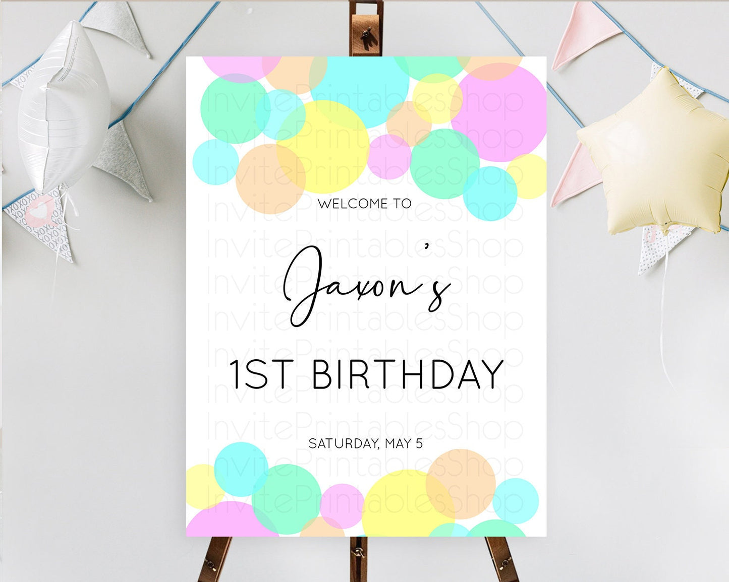 Rainbow Welcome Sign Pastel Welcome Board Pastel Rainbow Confetti Welcome Sign Colorful Bubbles Pastel First Birthday Welcome Sign D10409