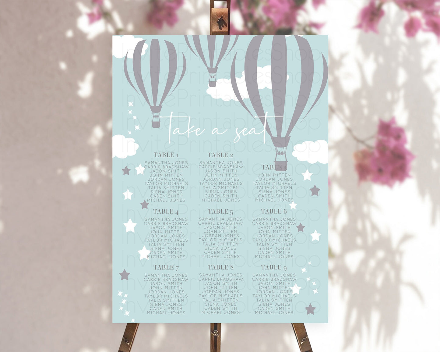 Hot Air Balloon Seating Chart Hot Air Balloon Seating Chart Adventure Awaits Up & Away Glitter Blue Watercolor Seating Take a Seat D10324