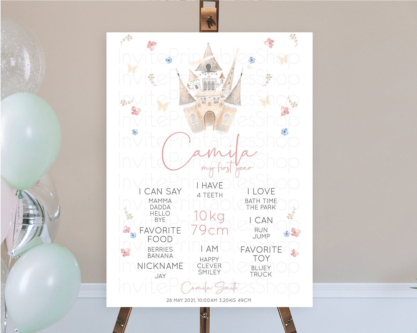 Princess First Birthday Milestone Poster Castle Milestone Board Secret Garden Enchanted Castle Pastel Floral Garden First Birthday D10364