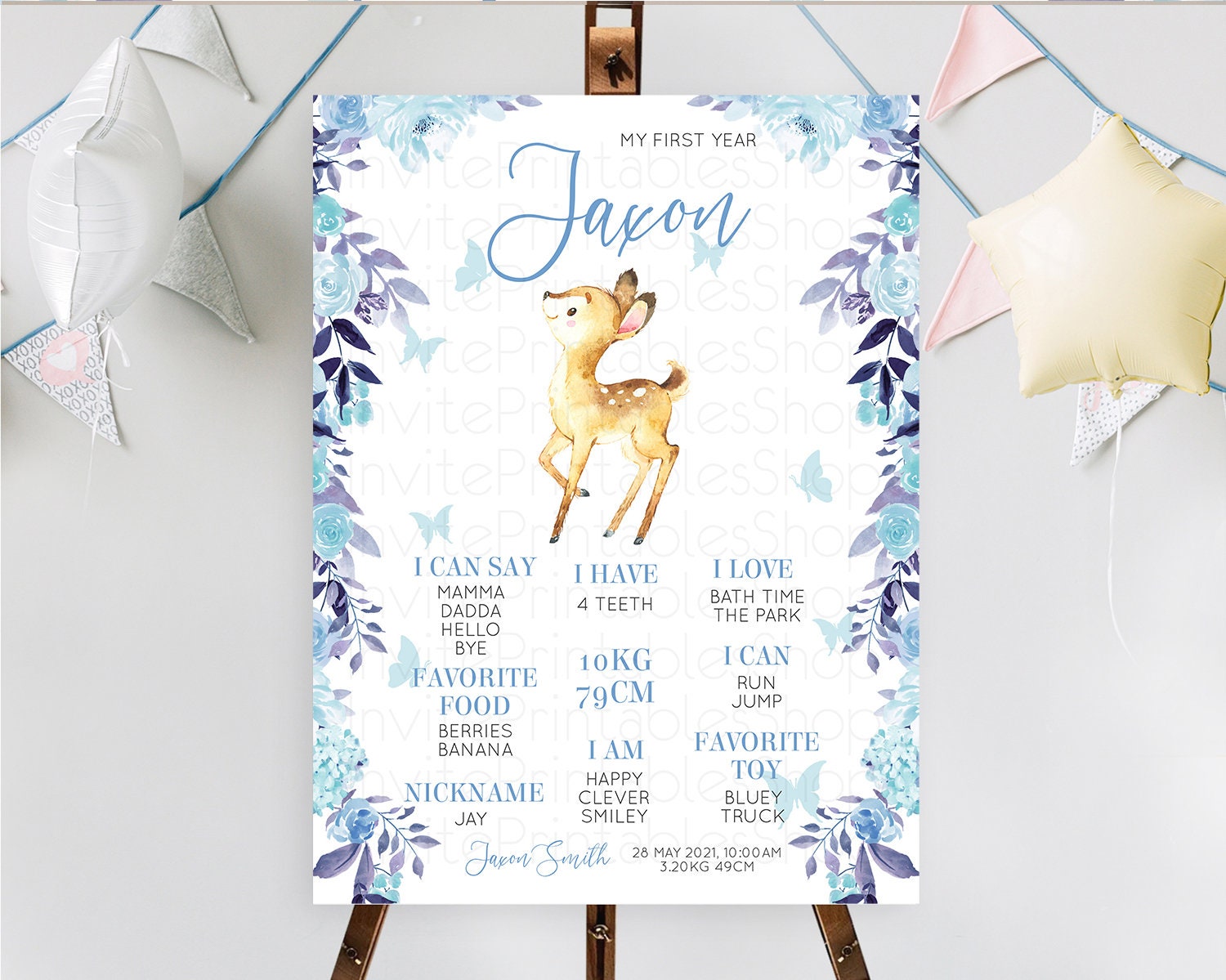 Editable Fawn First Birthday Milestone Board Deer First Birthday Milestone P