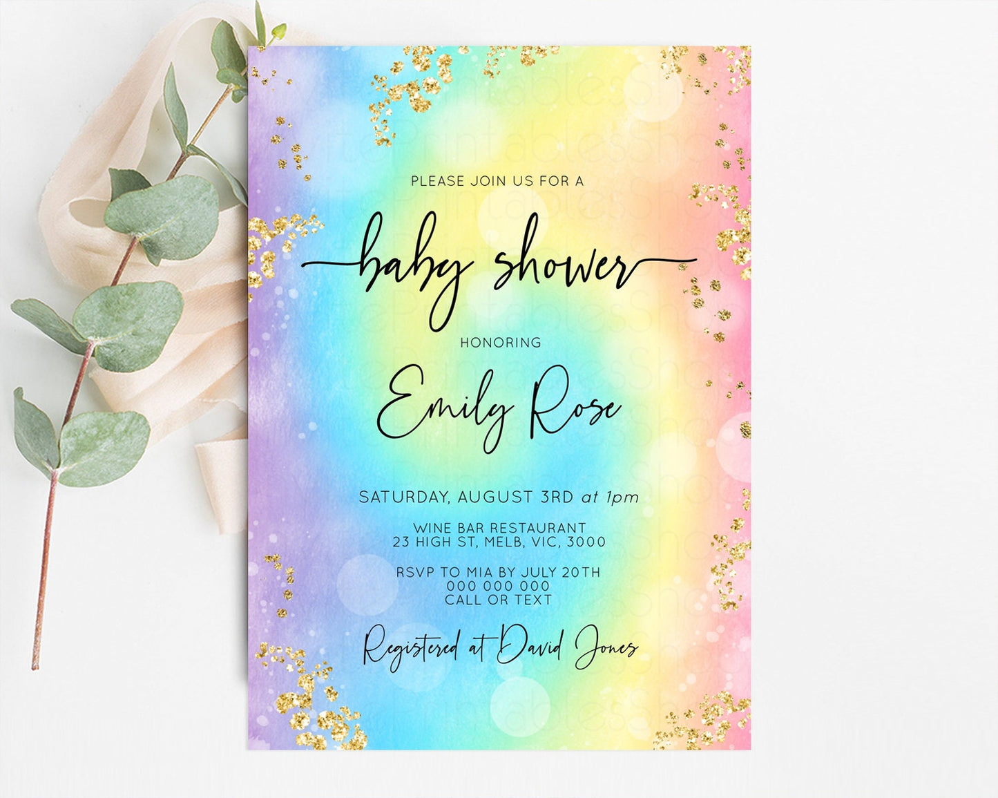 Rainbow Baby Shower Invitation Watercolor Pastel Invitation Colorful Splash Baby Invite Gold Glitter Sprinkles Ombre Gender Reveal t571