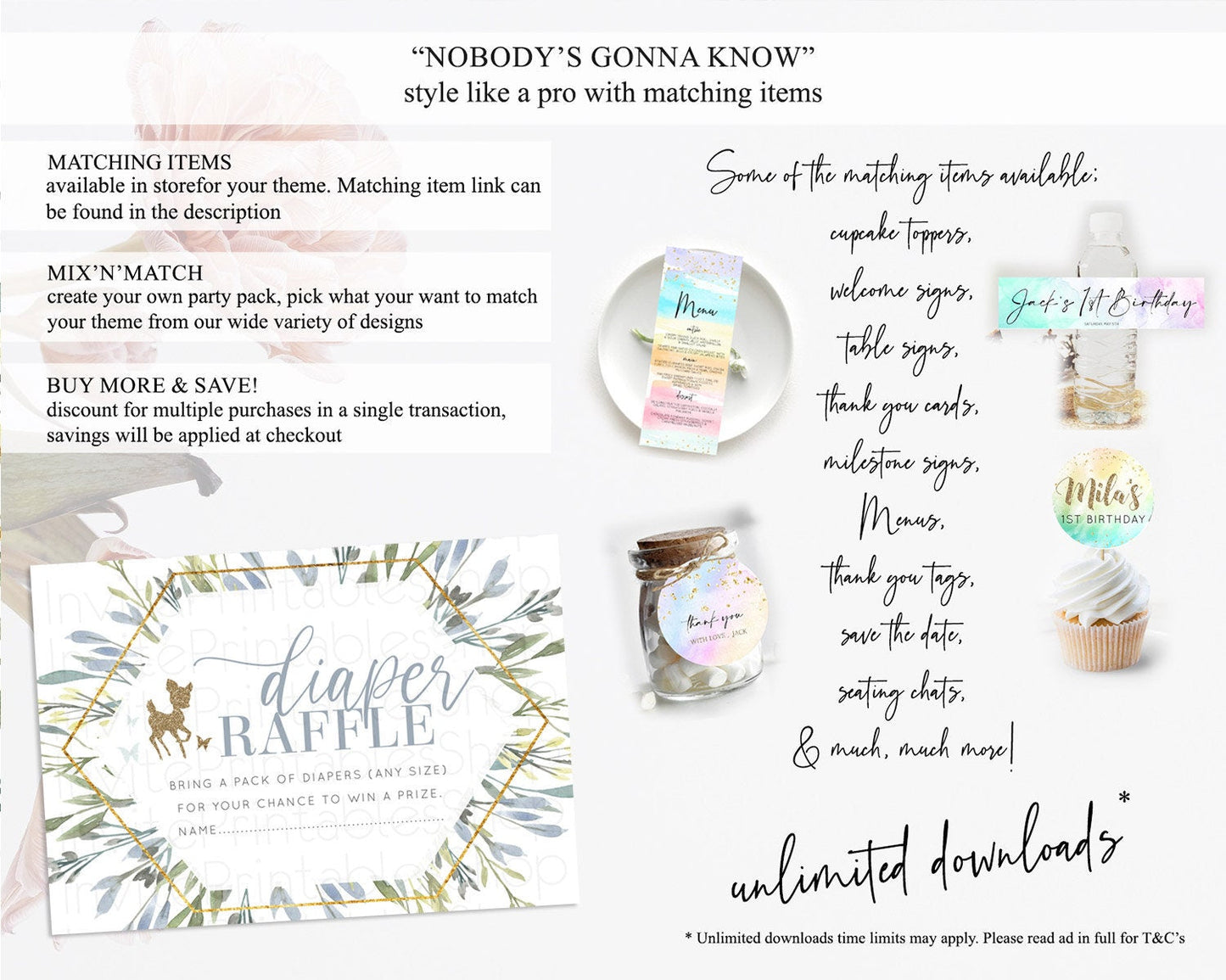 Fawn Diaper Raffle Card Deer Diaper Insert Floral Deer Diaper Ticket Enchanted Forest Butterfly Pastel Baby Shower Raffle Game D10534