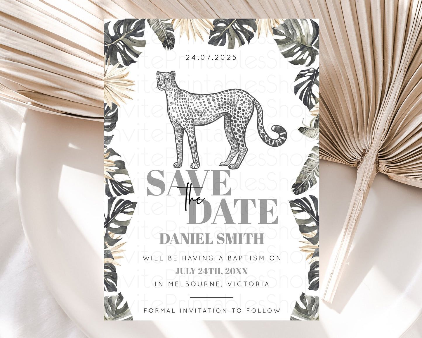 Cheetah Save The Date Template Cheetah Party Save The Date Safari Adventure Cheetah Minimal Theme 1st Birthday Baptism Baby Shower D10823