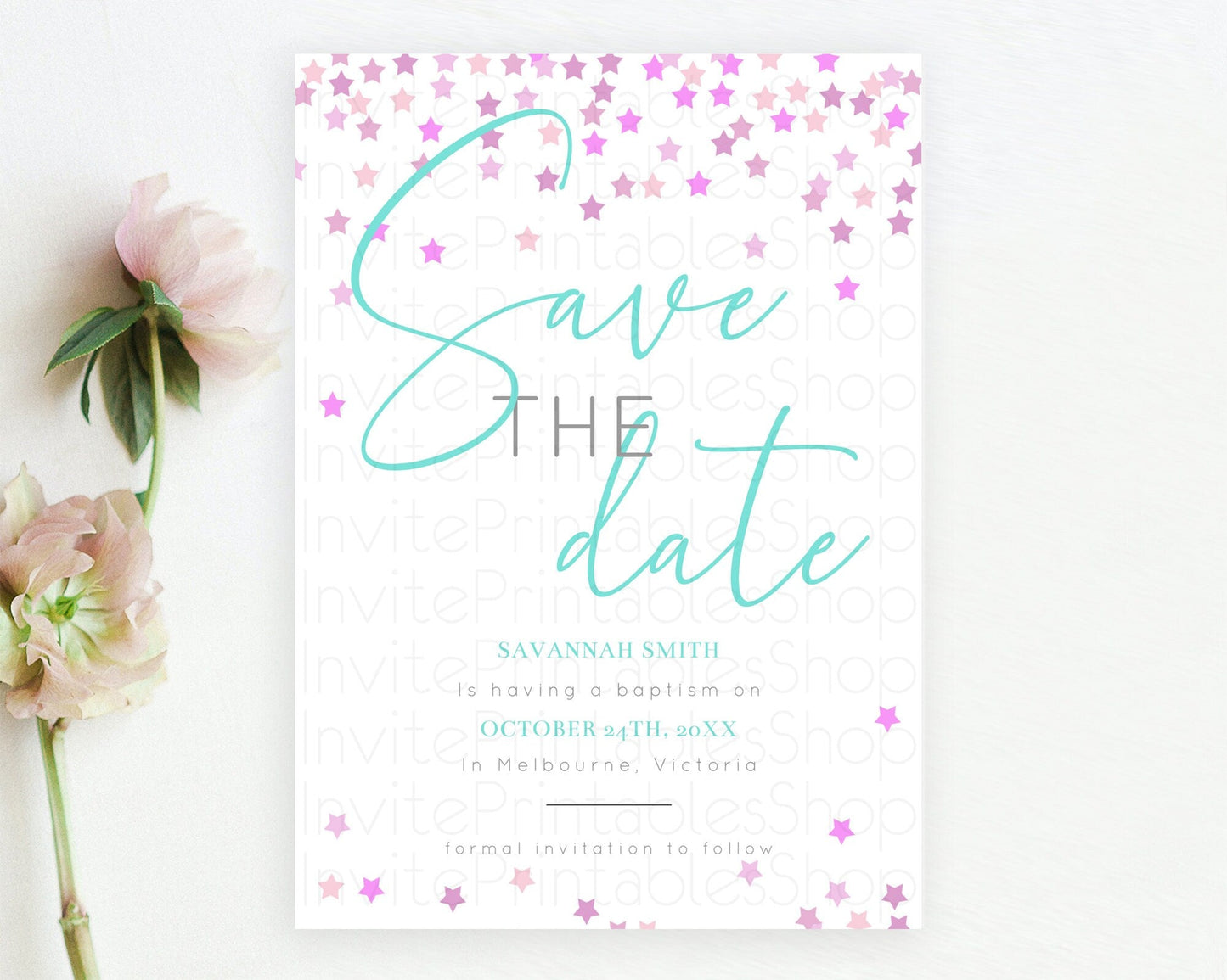 Twinkle Stars Save The Date Template Pastel Twinkle Little Star Party Shooting Star Confetti Sprinkles Birthday Baptism Baby Shower D10403