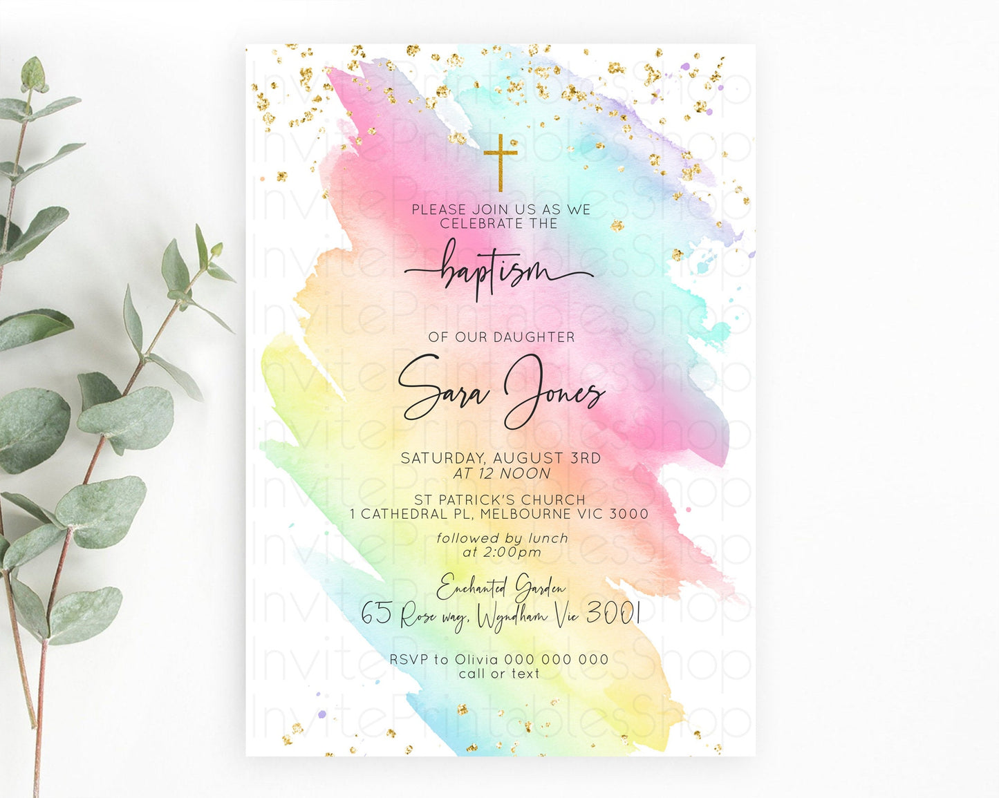 Pastel Baptism Invitation Pastel Colors Watercolor Baptism 1st Birthday Party Gold Ombre Pastel Rainbow Christening Holy Communion D10495