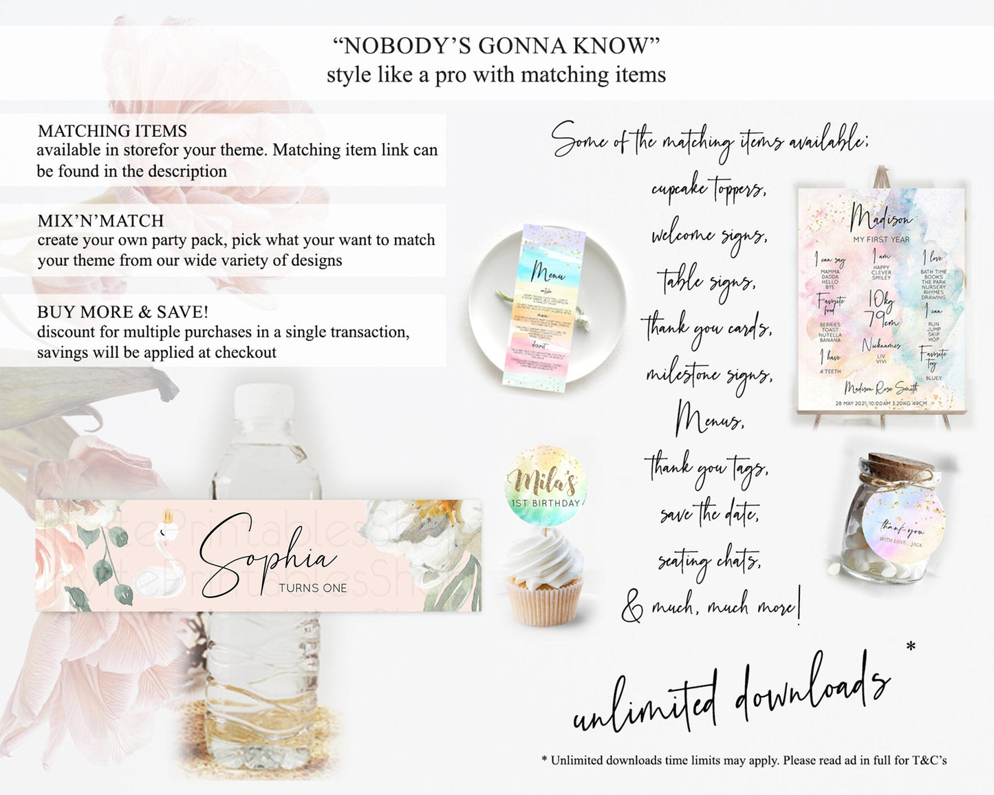 Swan Water Label Template Swan Princess Ballet Party Decor Enchanted Secret Garden Pastel Floral Birthday Baptism Baby Shower D10755