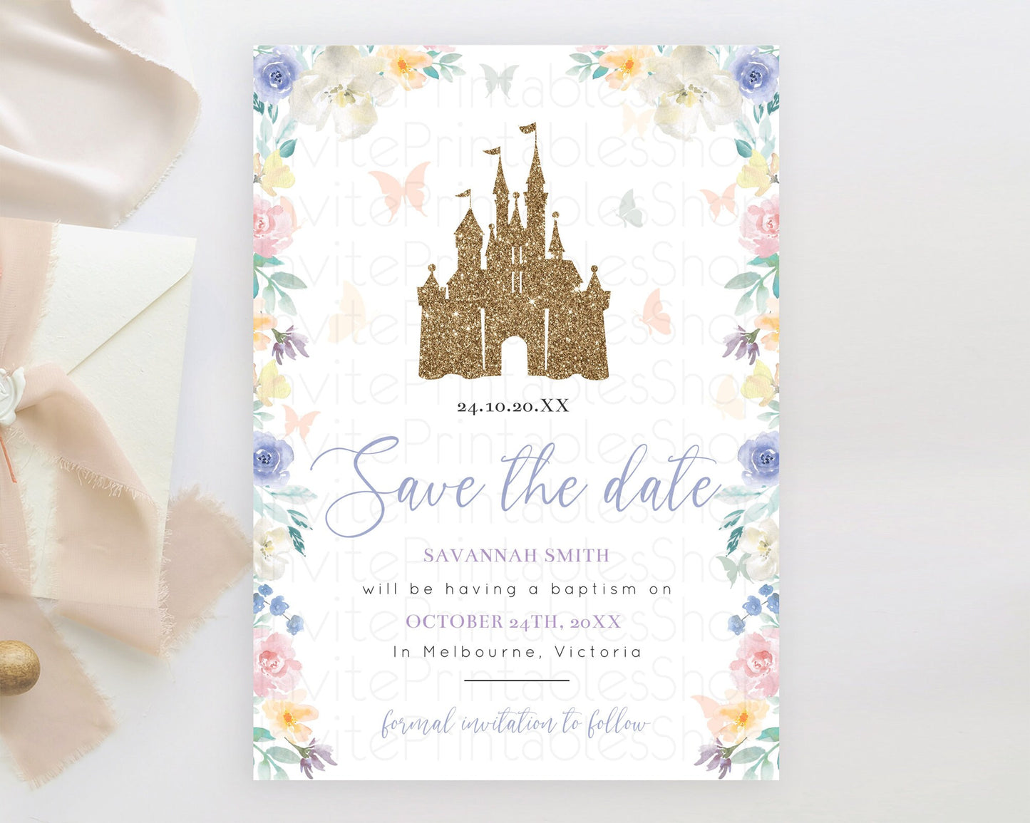 Princess Save The Date Template Secret Garden Enchanted Castle Pastel Floral Royal Party For 1st Birthday Baptism Baby Shower D10931