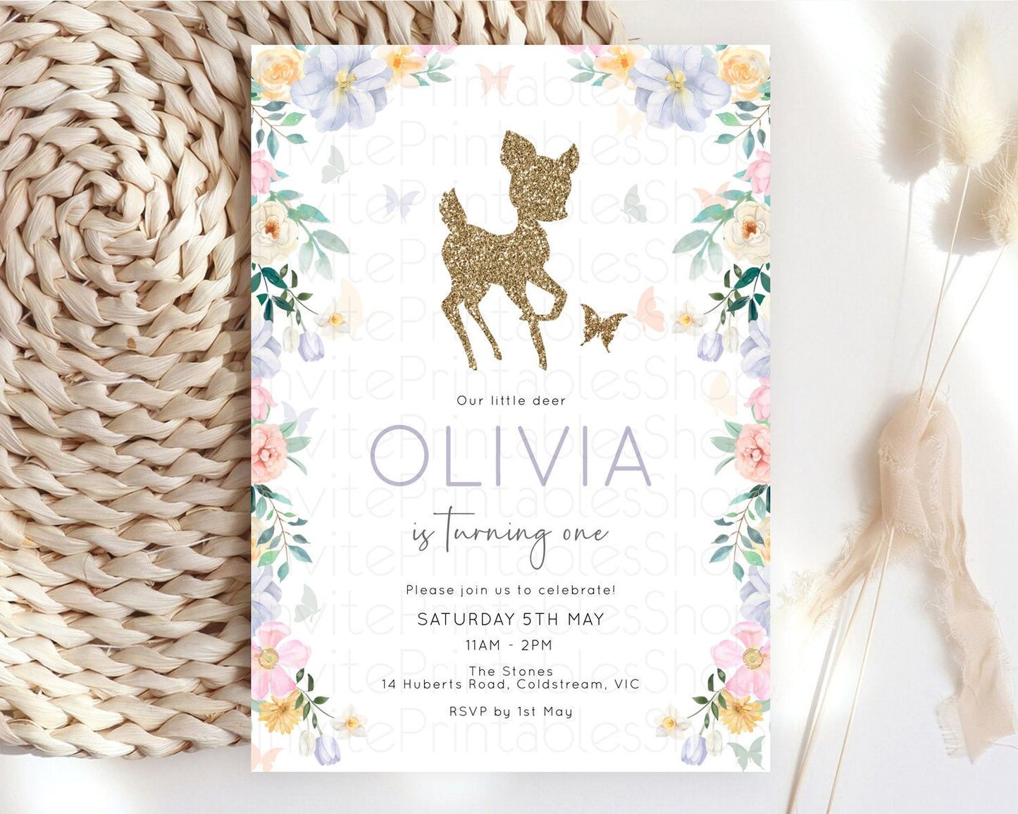 Fawn Birthday Invitation Deer Birthday Invitation Enchanted Forest Party Butterfly Pastel Flowers Whimsical 2nd 1st First Birthday D10477