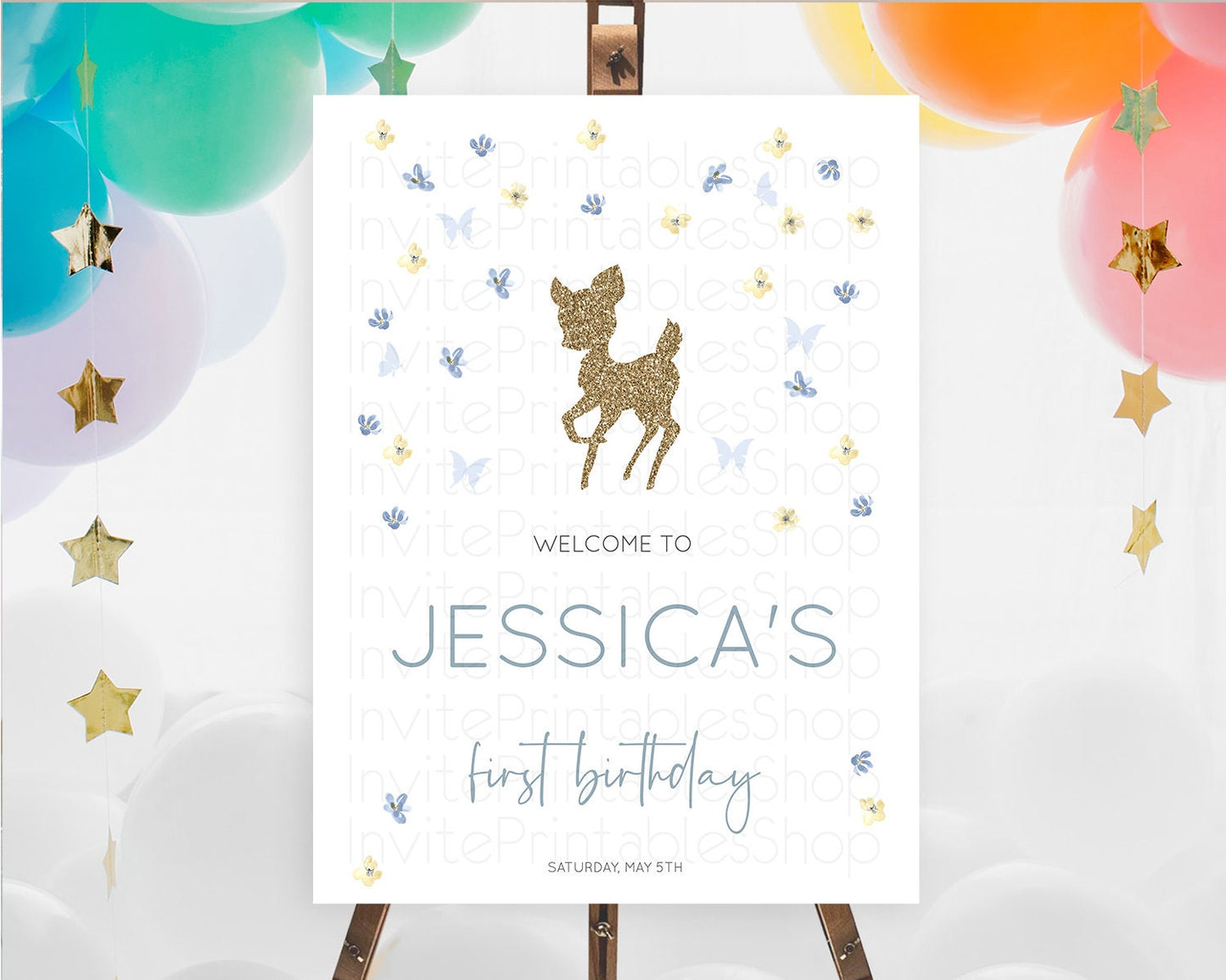 Fawn Welcome Sign Deer Welcome Board Floral Deer Welcome Poster Enchanted Forest Butterfly Pastel Floral First Birthday Welcome Sign D10864