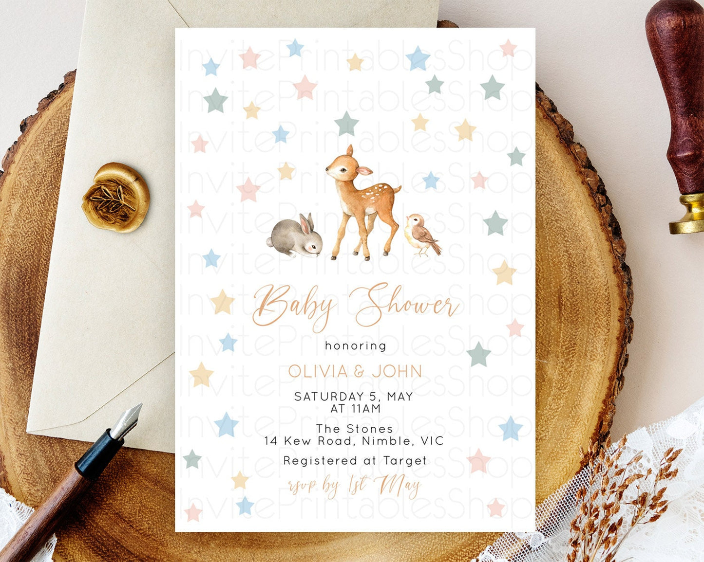 Editable Fawn Baby Shower Invitation, : Baby Deer, Bunny, and Forest Animals