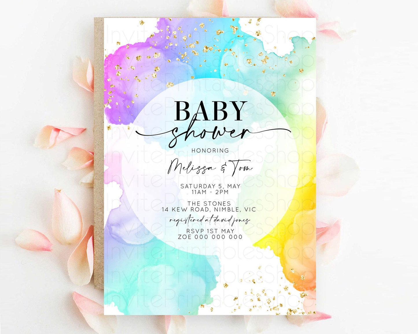 Pastel Baby Shower Invitation Rainbow Baby Shower Invitation Colorful Pastel Watercolor Invitation Gold Glitter Sprinkles Ombre D10213