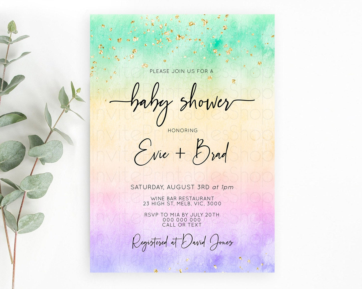 Pastel Baby Shower Invitation Rainbow Baby Shower Invitation Colorful Pastel Watercolor Invitation Gold Glitter Sprinkles Ombre D10481