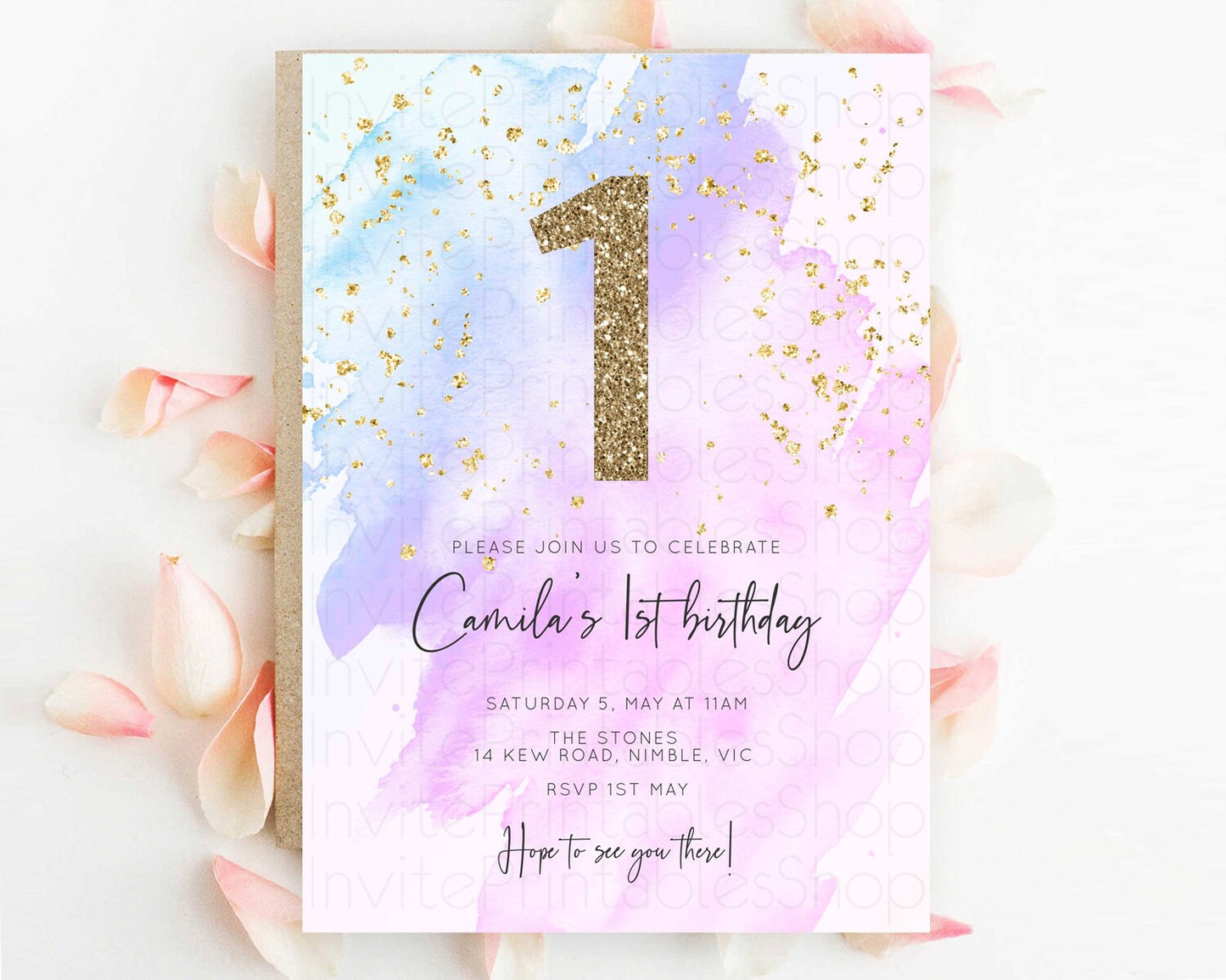 Purple Birthday Invitation Purple Watercolor Invite Pastel Purple Watercolor Invitation Purple Splash Gold Invitation First Birthday D10169