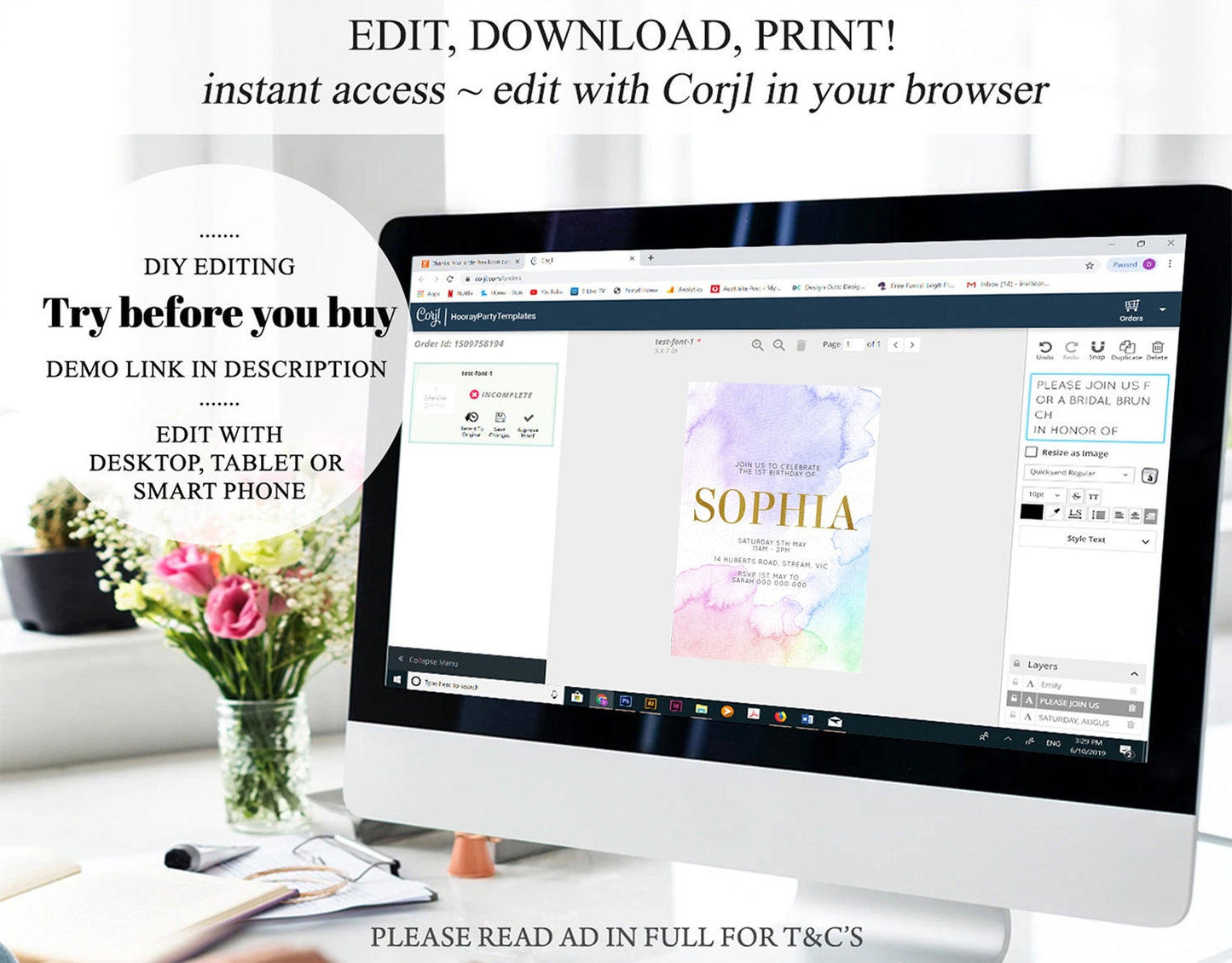 Pastel Rainbow Birthday Invitation Colorful Watercolor Splash Ombre Ink Paint Gold Foil Purple Pink Blue Modern Custom Printable 193