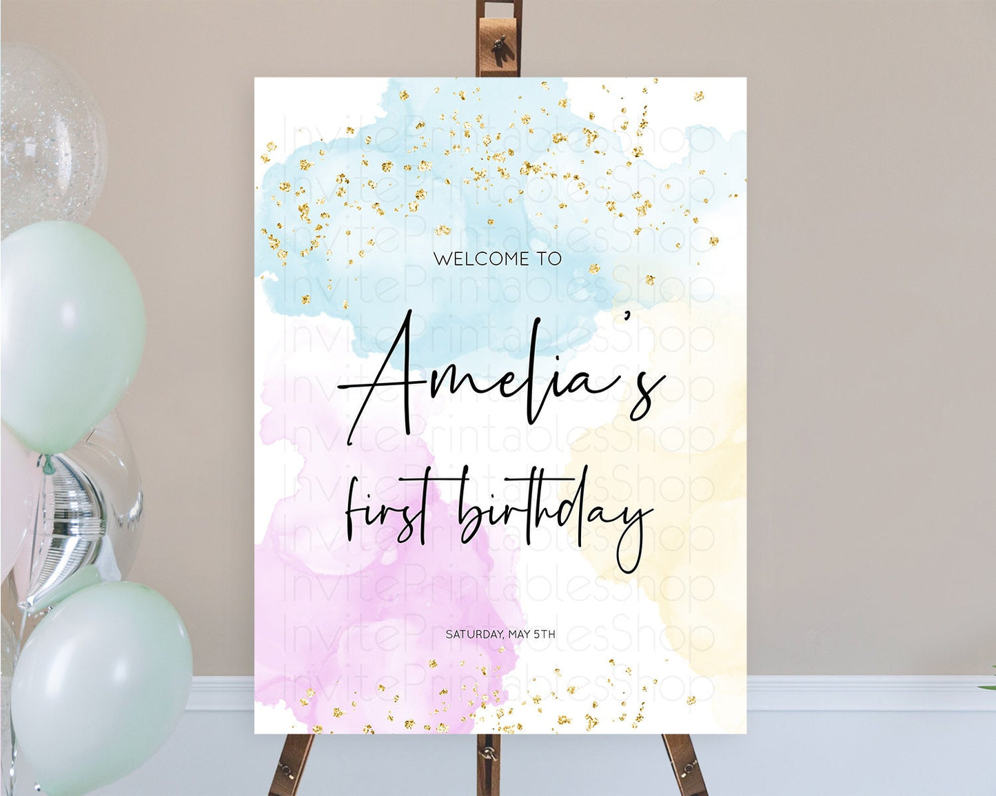 Pastel Welcome Sign Pastel Rainbow Welcome Sign Colorful Rainbow Confetti Watercolor Glitter Pastel First Birthday Welcome Sign D10155