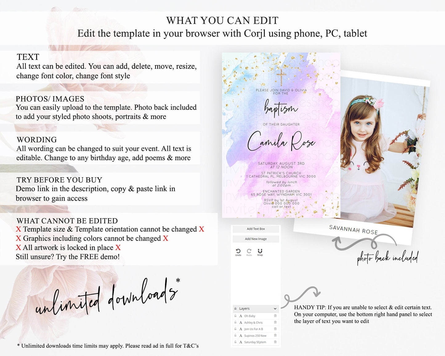 Purple Baptism Invitation Purple Watercolor Baptism Birthday Invitation Pastel Purple Watercolor Christening Invite Purple Splash D10169