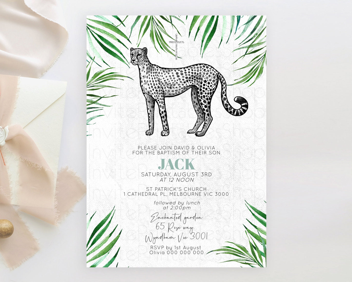 Cheetah Baptism Invitation Cheetah Baptism 1st Birthday Invitation Cheetah Safari Adventure Christening Party Palm Leaf Zoo Cheetah D10849