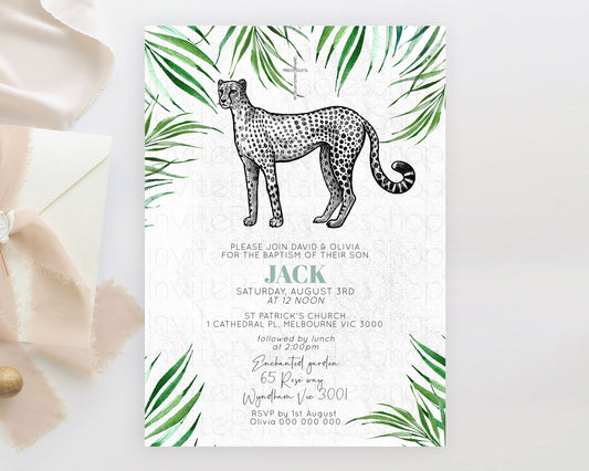 Cheetah Baptism Invitation Cheetah Baptism 1st Birthday Invitation Cheetah Safari Adventure Christening Party Palm Leaf Zoo Cheetah D10849