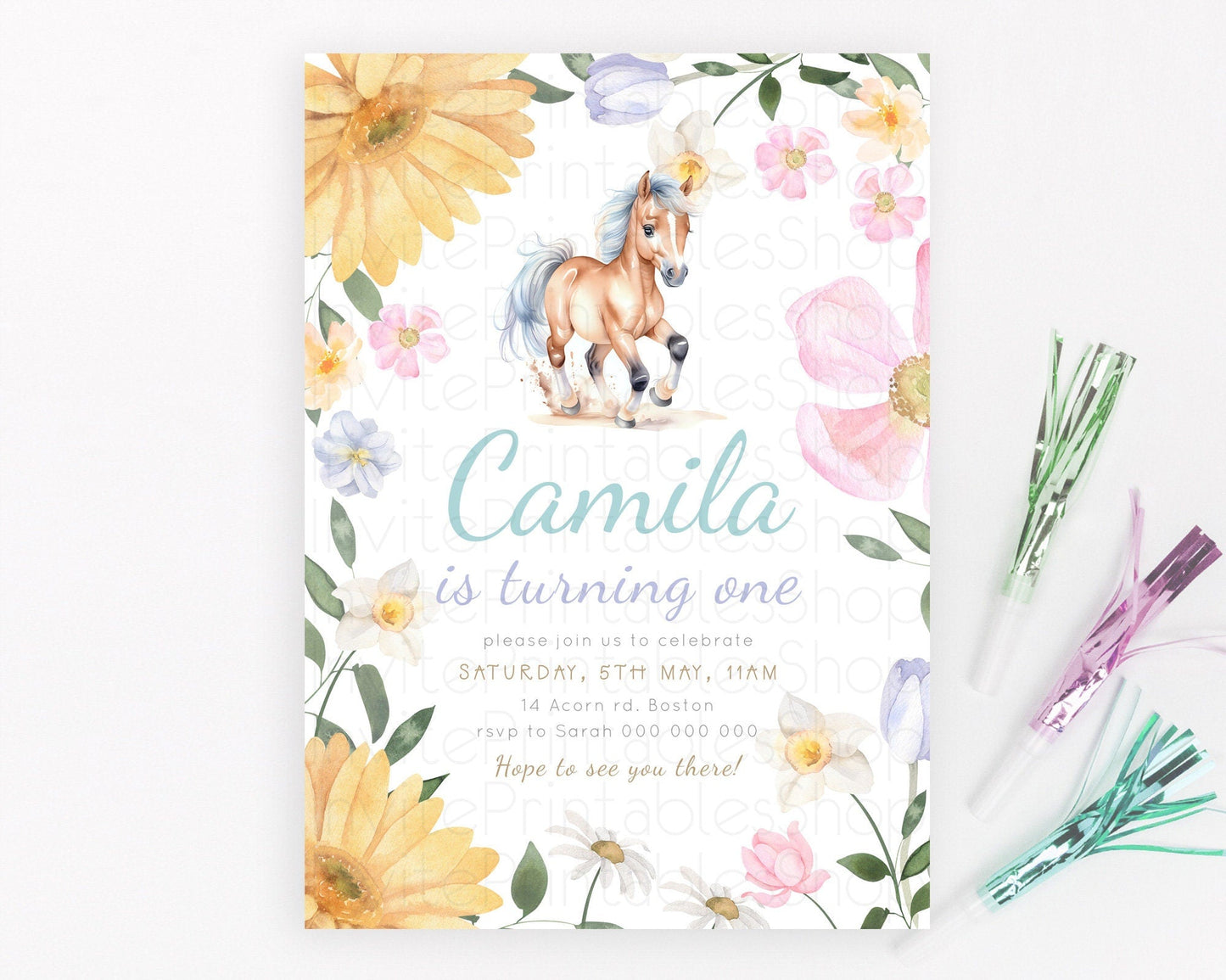 Horse Birthday Invitation, Galloping Wildflower Fields, Pastel Flowers, Butterflies, Flowers Accents for Equestrian & Cowgirls d23380