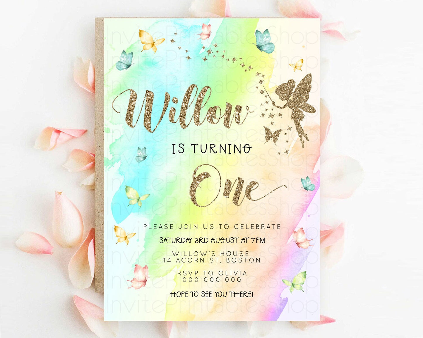 Pastel Fairy Birthday Invitation Pastel Butterflies Fairy Birthday Invitation Rainbow Ombre Watercolor 1st 2nd Birthday Invitation D23329