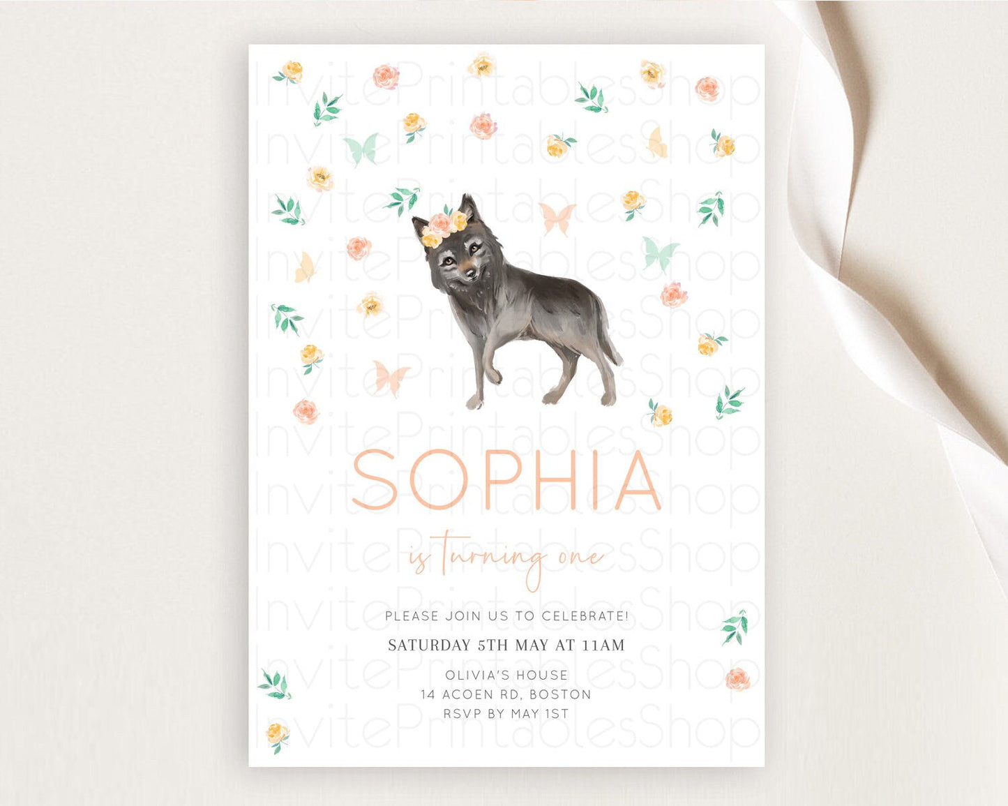 Wolf Birthday Invitation Wolf Invitation Pastel Wolf Birthday Enchanted Forest Woods Wolf Floral Invitation Howling Birthday Party D10362