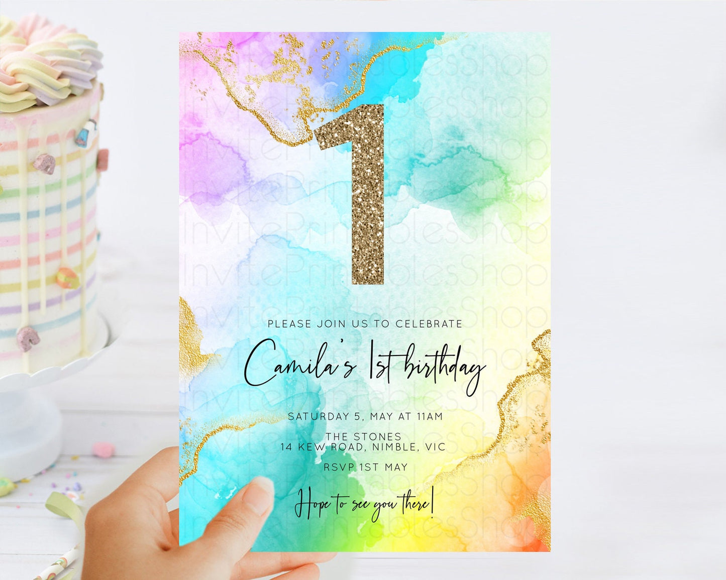 Rainbow Birthday Invitation Colorful Pastel Watercolor Invitation Gold Glitter Sprinkles Ombre Pastel 1st 2nd 3rd Birthday D10390