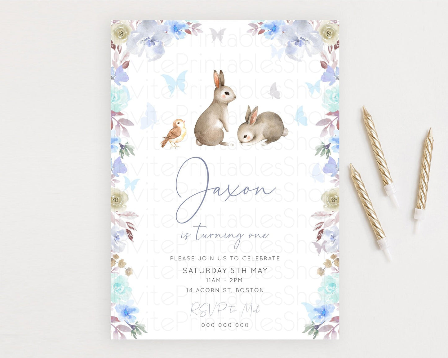 Bunny Birthday Invitation Floral Bunny Invitation Pastel Bunny Invites Pastel Watercolor Woodland Bunny Party 2nd 1st First Birthday D10927