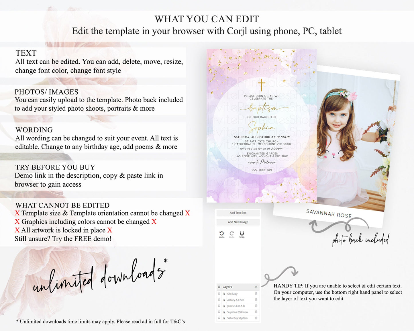 Pastel Baptism Invitation Pastel Colors Watercolor Baptism 1st Birthday Party Gold Ombre Pastel Rainbow Christening Holy Communion D10623