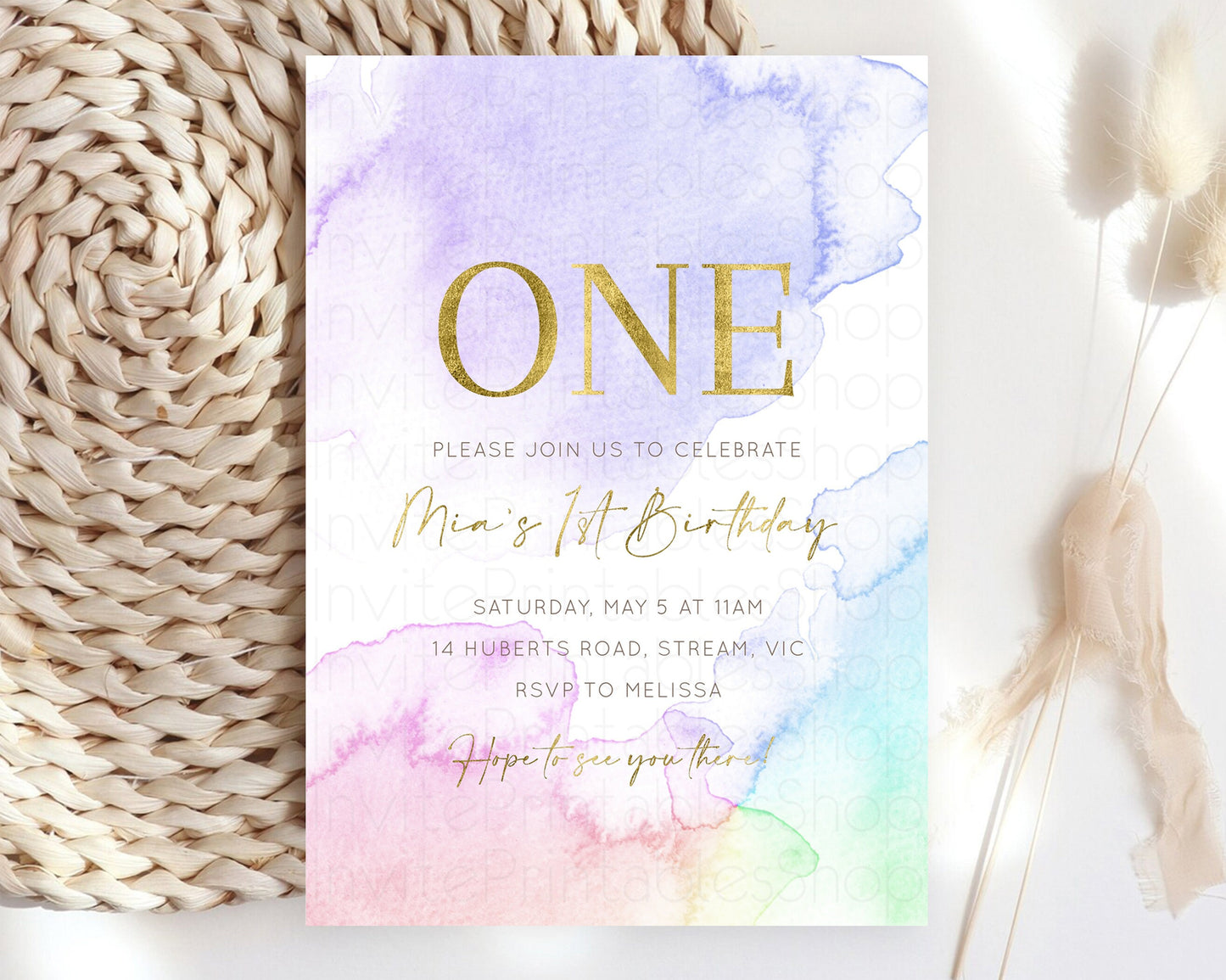 Rainbow Birthday Invitation Pastel Birthday Invite Ombre Watercolor Invite Enchanted Theme Colorful Splash Glitter Sprinkles 1st 2nd 3rd 193