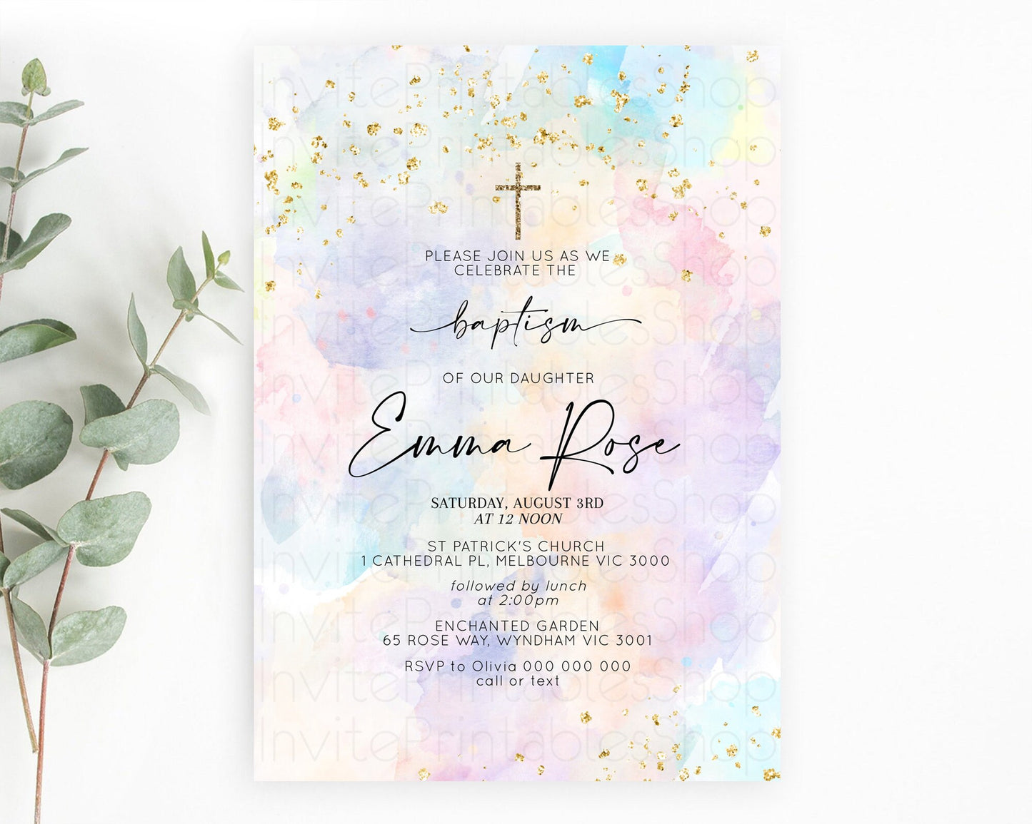 Pastel Baptism Invitation Pastel Colors Watercolor Baptism 1st Birthday Party Gold Ombre Pastel Rainbow Christening Holy Communion D10605