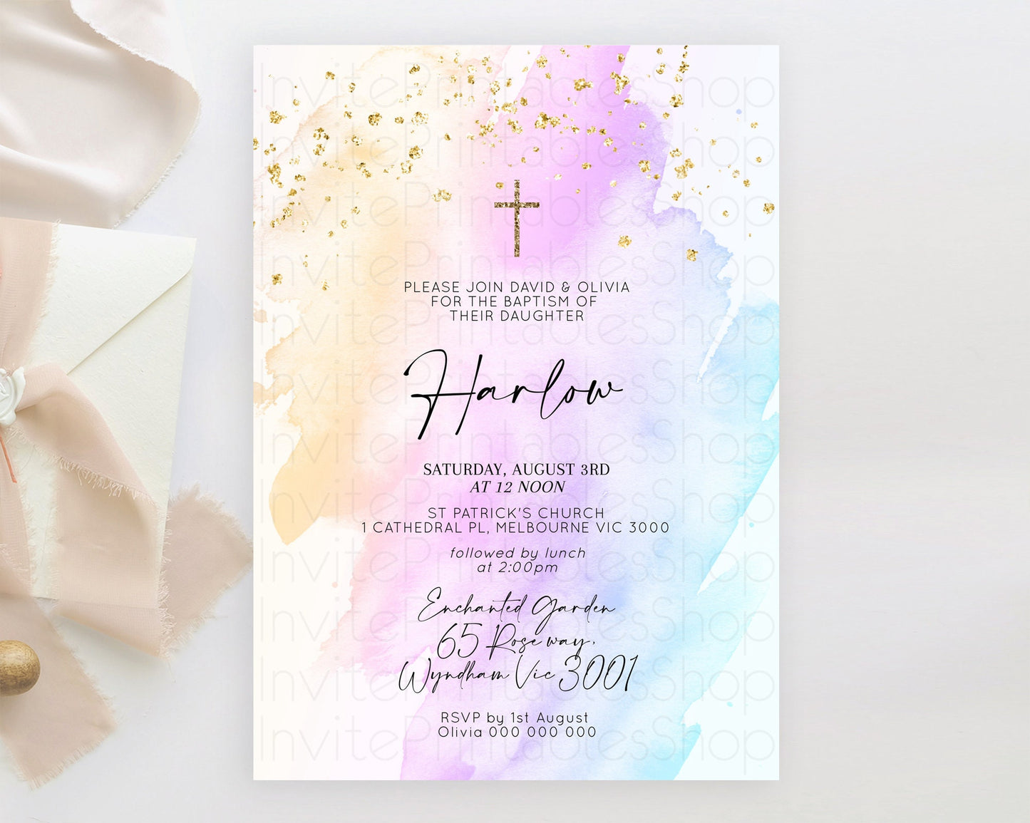 Pastel Baptism Invitation Pastel Colors Watercolor Baptism 1st Birthday Party Gold Ombre Pastel Rainbow Christening Holy Communion D10175