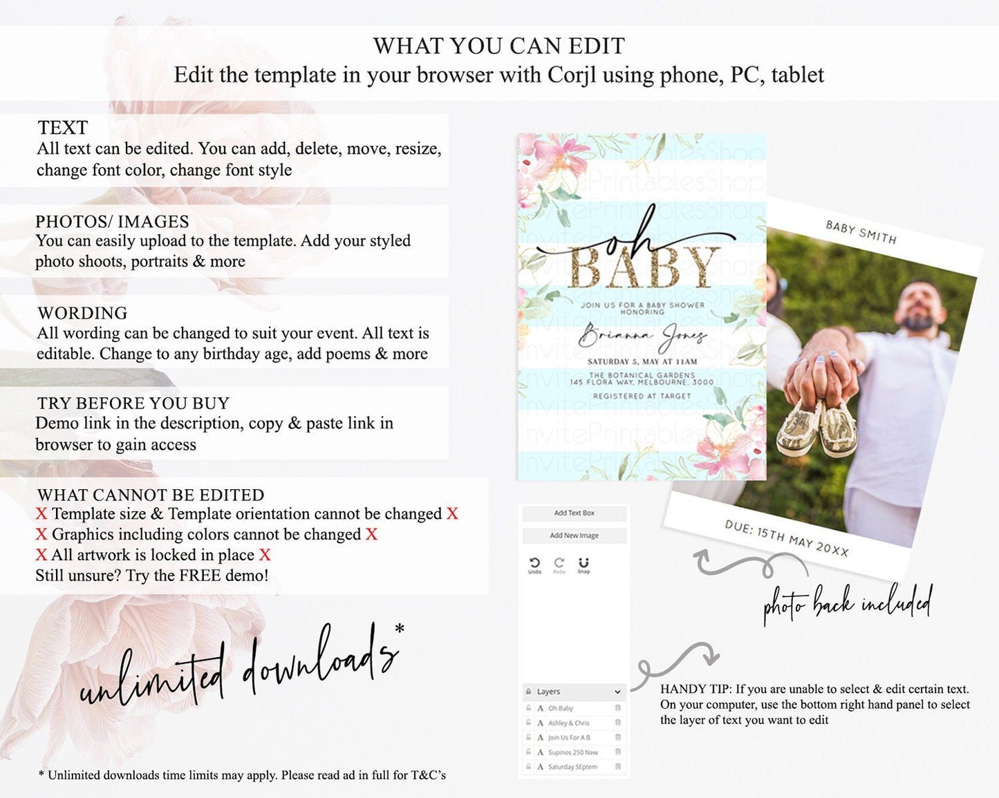 Wildflower Baby Shower Invitation Secret Garden Baby Shower Invitation Pastel Flowers Invite Enchanted Garden Shower Floral Theme D10304