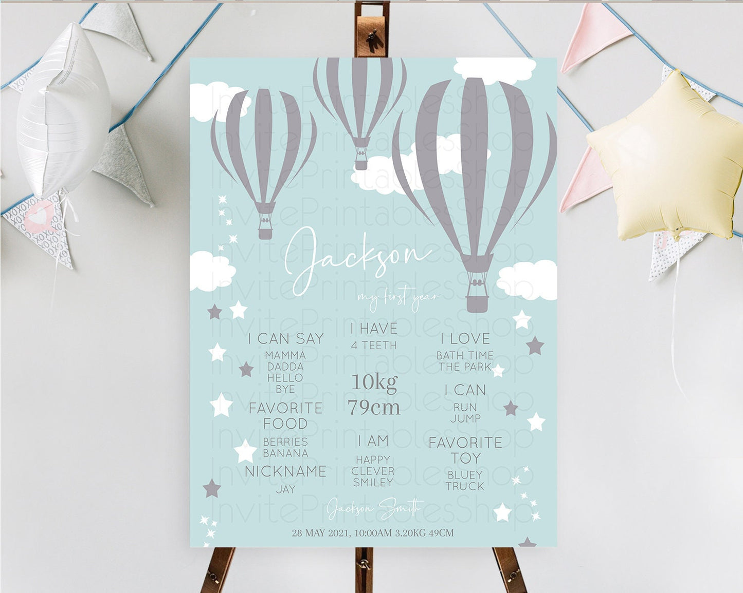 Hot Air Balloon First Birthday Milestone Poster Hot Air Balloon Milestone Board Adventure Awaits Blue Watercolor 1st Birthday Boy D10324