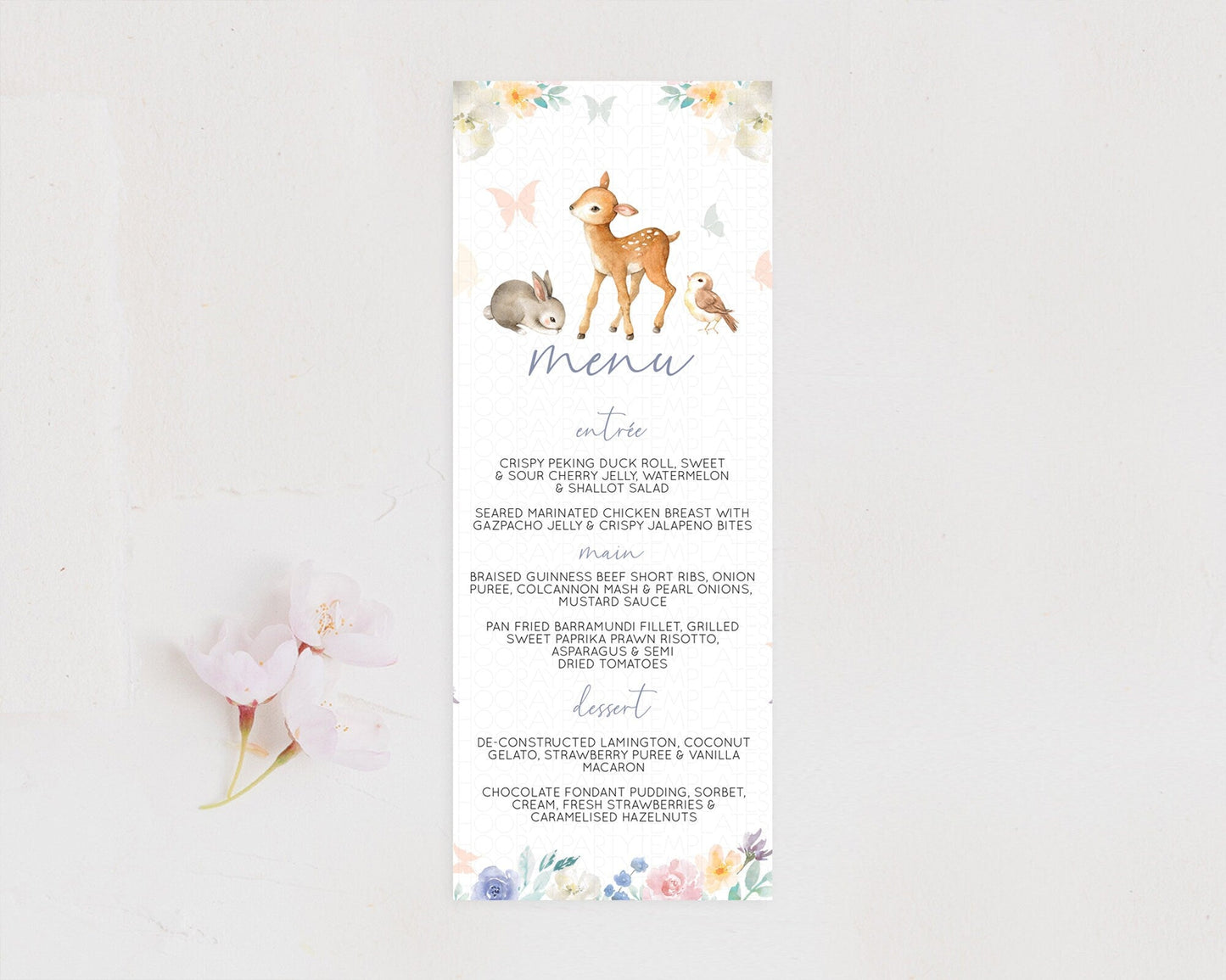 Fawn Menu Deer Menu Template Pastel Floral Deer Table Decor Enchanted Forest Butterfly Floral Dinner Dessert Menu Party Food Menu D10930