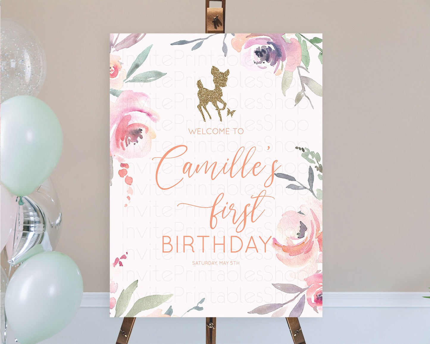 Fawn Welcome Sign Deer Welcome Board Floral Deer Welcome Poster Enchanted Forest Butterfly Pastel Floral First Birthday Welcome Sign D10196