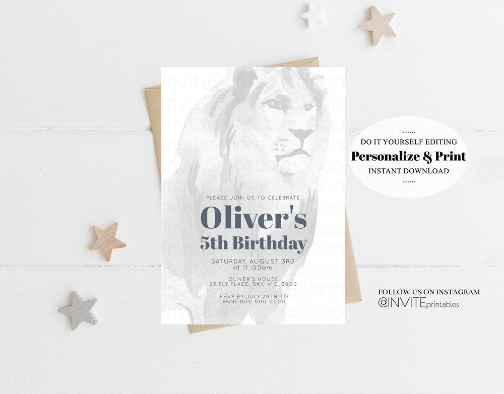 Lion Birthday Invitation Watercolor Lion Invite Tropical Palms Jungle Safari Adventure Zoo Party Wild Party Animal Custom Editable