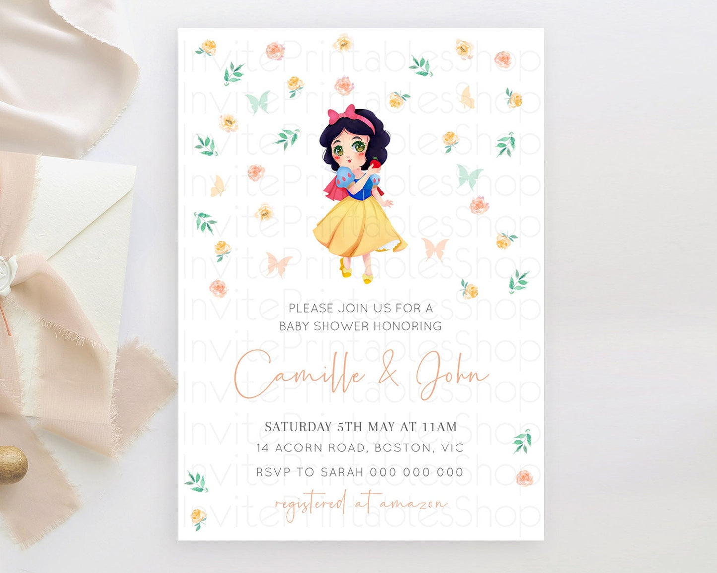 Princess Baby Shower Invitation: Enchanted Garden, Castle, Royal Baby, Secret Garden, Butterflies - Floral Orange Green Theme D10356