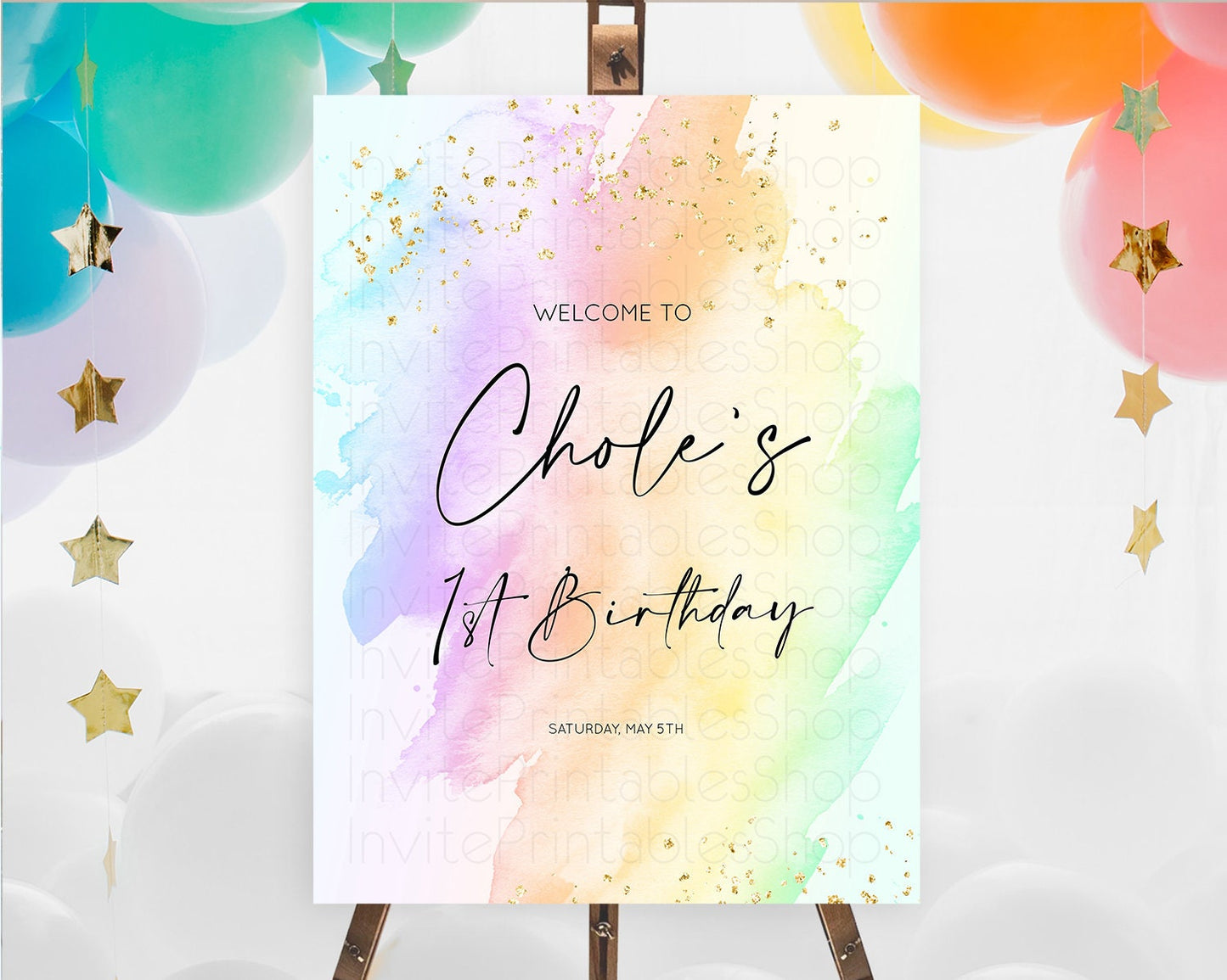 Pastel Welcome Sign Pastel Rainbow Welcome Sign Colorful Rainbow Confetti Watercolor Glitter Pastel First Birthday Welcome Sign D10645