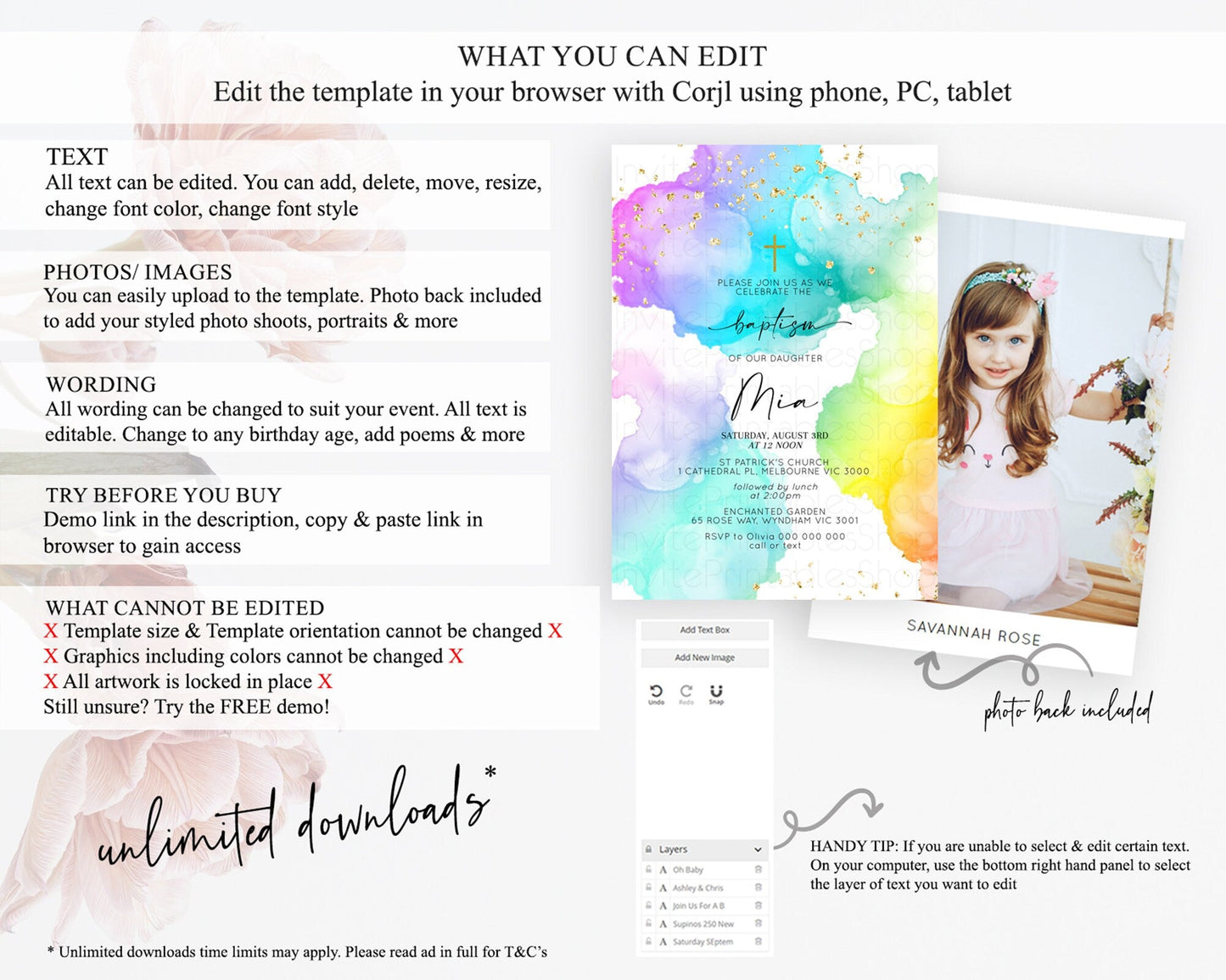 Pastel Baptism Invitation Pastel Colors Watercolor Baptism 1st Birthday Party Gold Ombre Pastel Rainbow Christening Holy Communion D10213