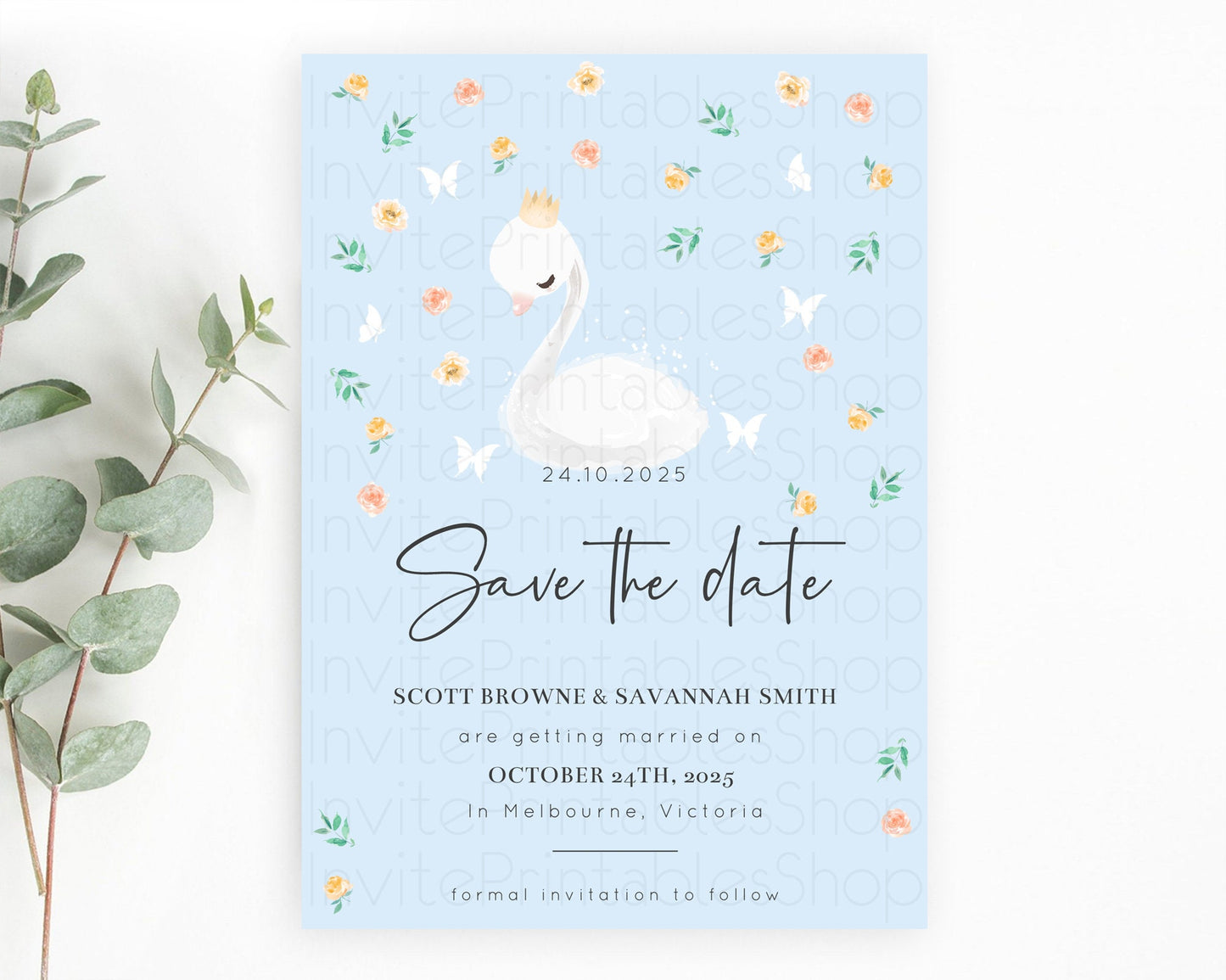 Swan Save The Date Template Swan Princess Ballet Party Enchanted Swan Lake Secret Garden Pastel Floral Birthday Baptism Baby Shower  D10903