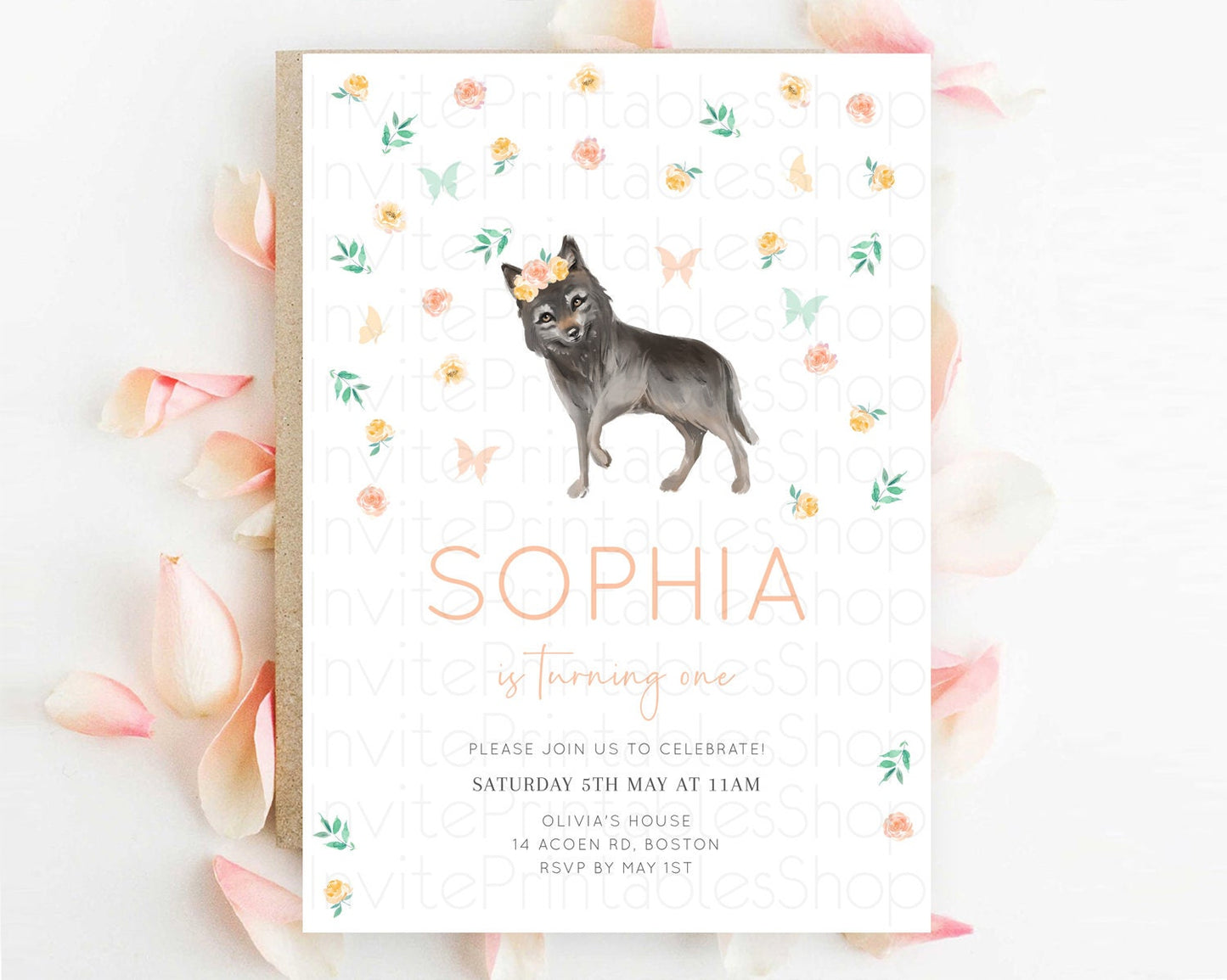 Wolf Birthday Invitation Wolf Invitation Pastel Wolf Birthday Enchanted Forest Woods Wolf Floral Invitation Howling Birthday Party D10362