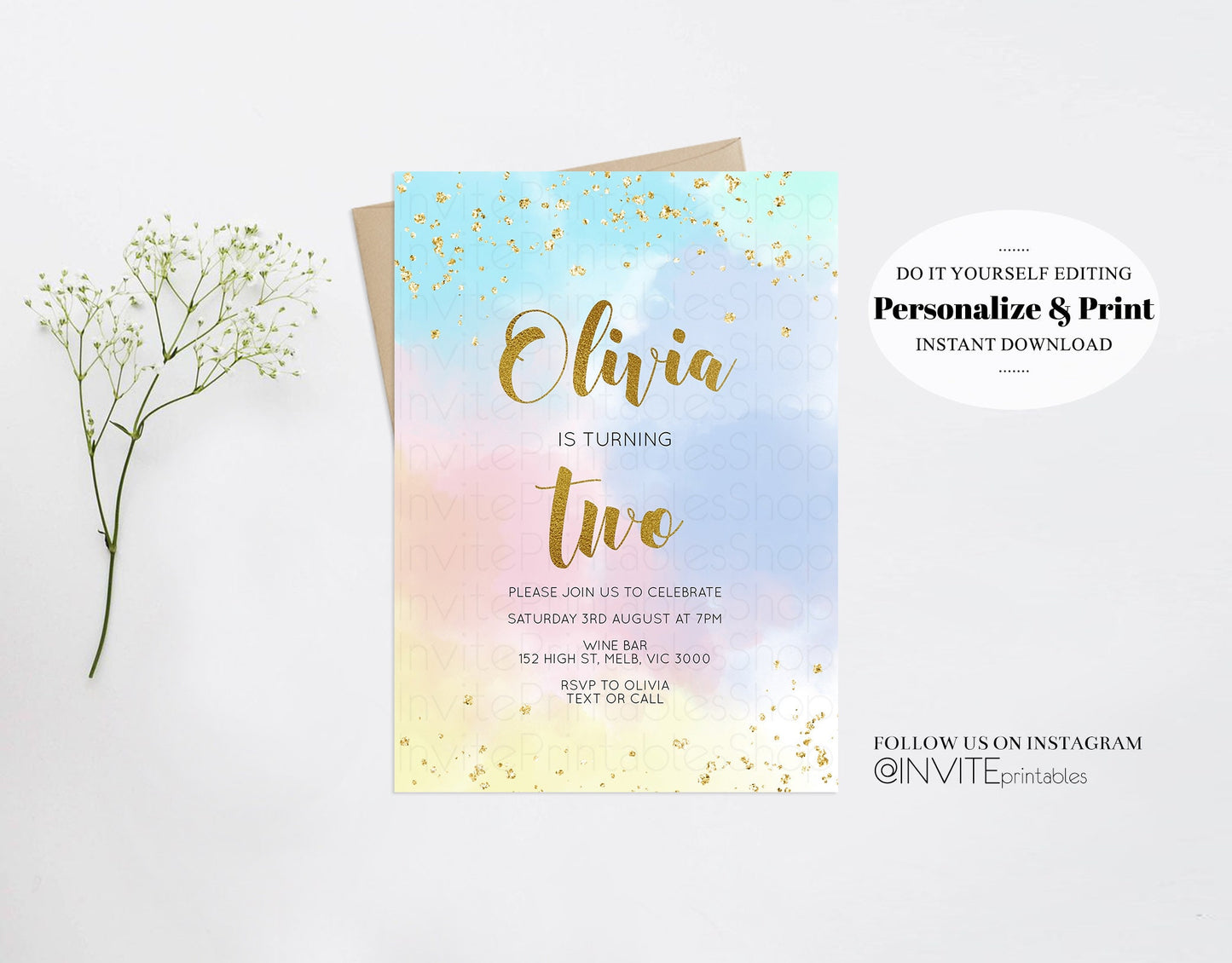 Rainbow Birthday Invitation Colorful Invite Watercolor Gold Glitter Sprinkles Ombre Pastel Invitation 1st 2nd 3rd 4th 5th 6th Party Invite