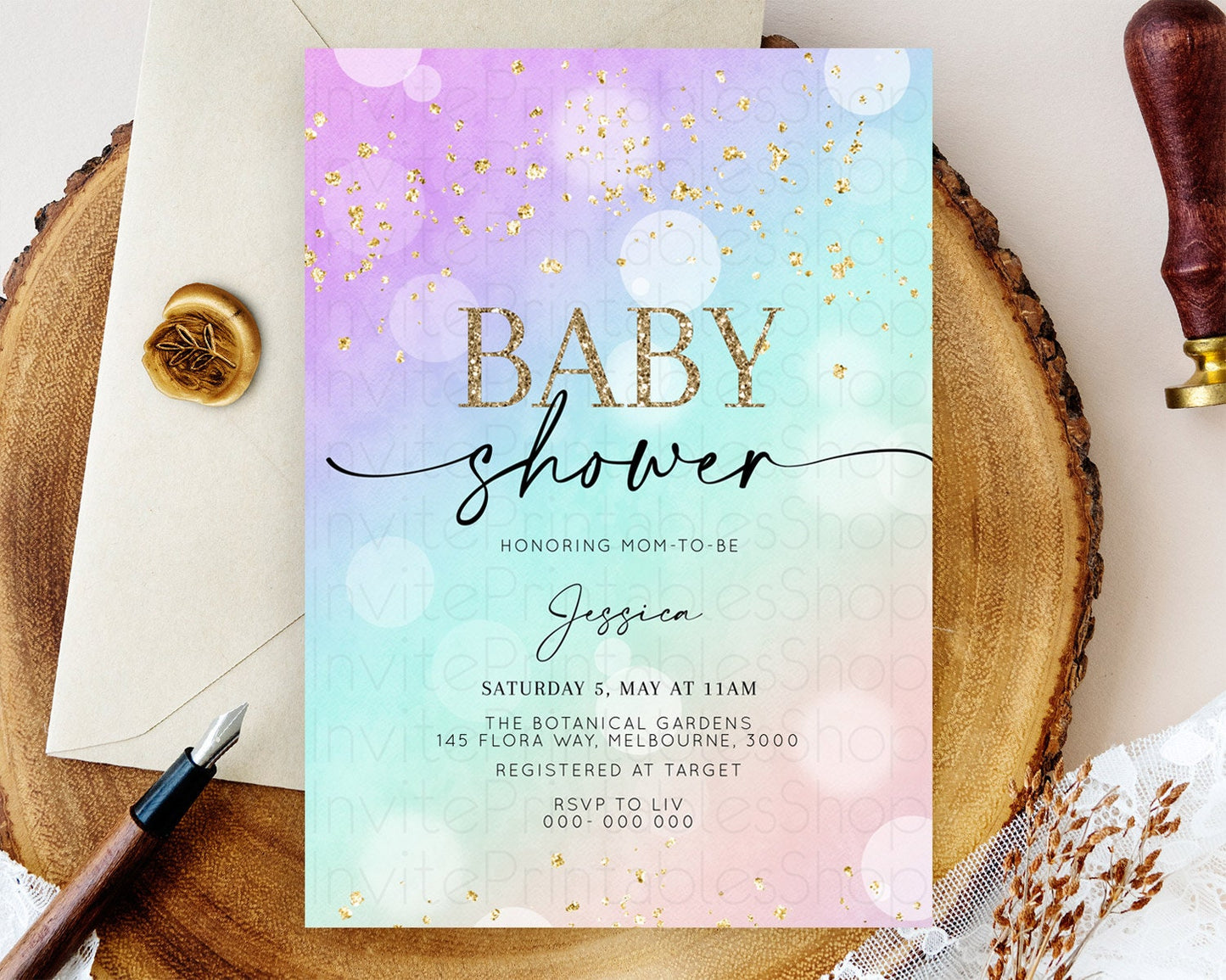 Pastel Baby Shower Invitation Rainbow Baby Shower Invitation Colorful Pastel Watercolor Invitation Gold Glitter Sprinkles Ombre D10618