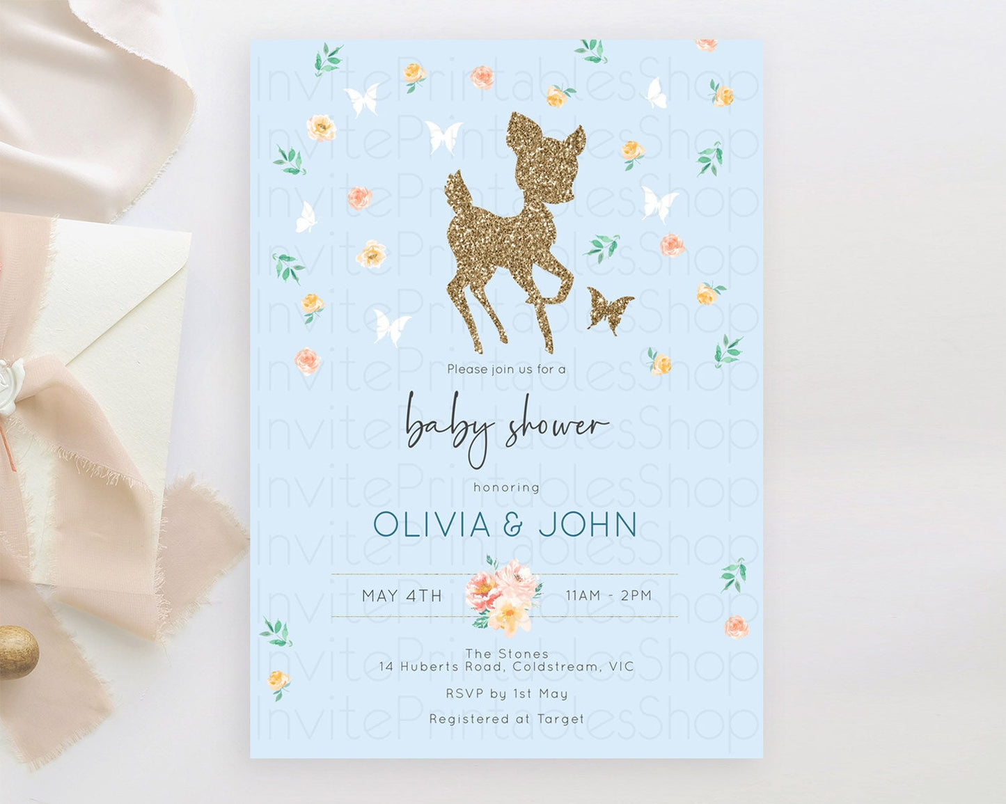 Fawn Baby Shower Invitation: Enchanted Forest, Glitter, Deer, Butterfly, Pastel Flower - Whimsical Woodland Blue, Pink, Orange, Green D10902